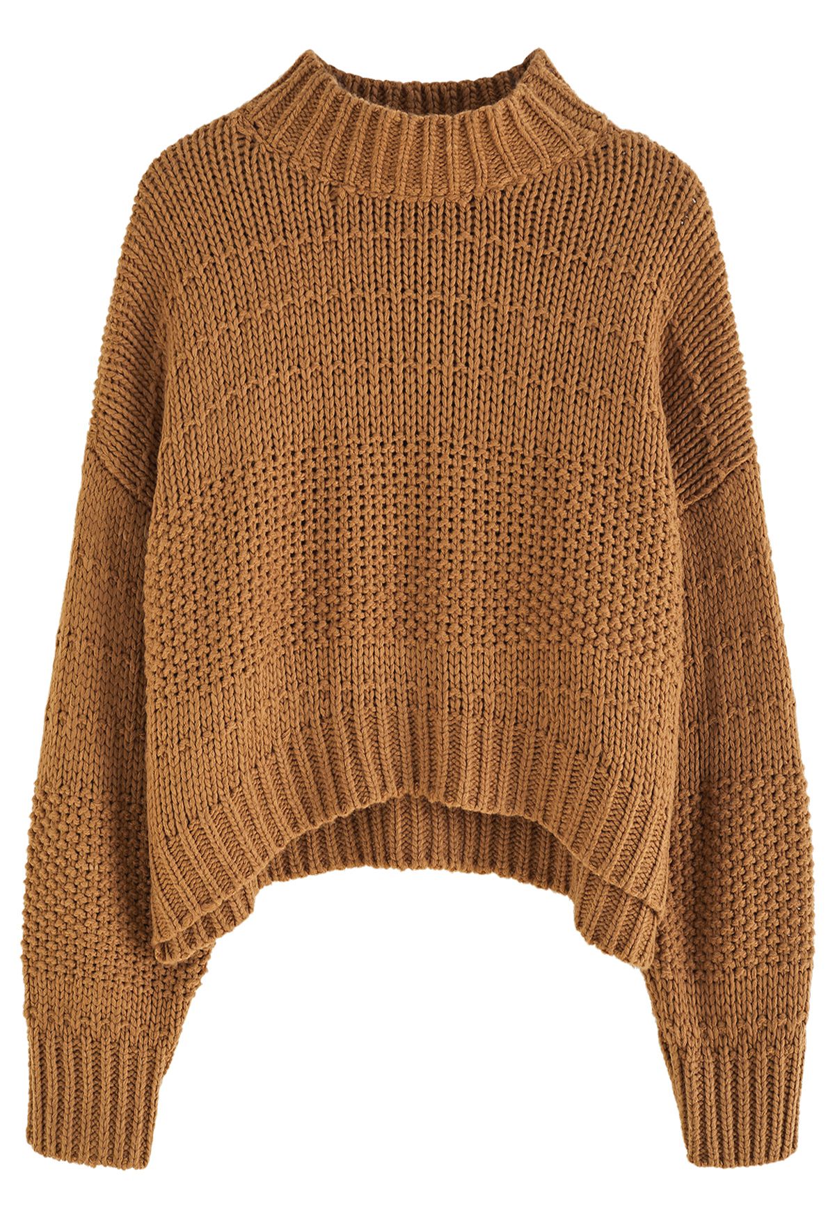 Mock Neck Hi-Lo Chunky Knit Sweater in Caramel