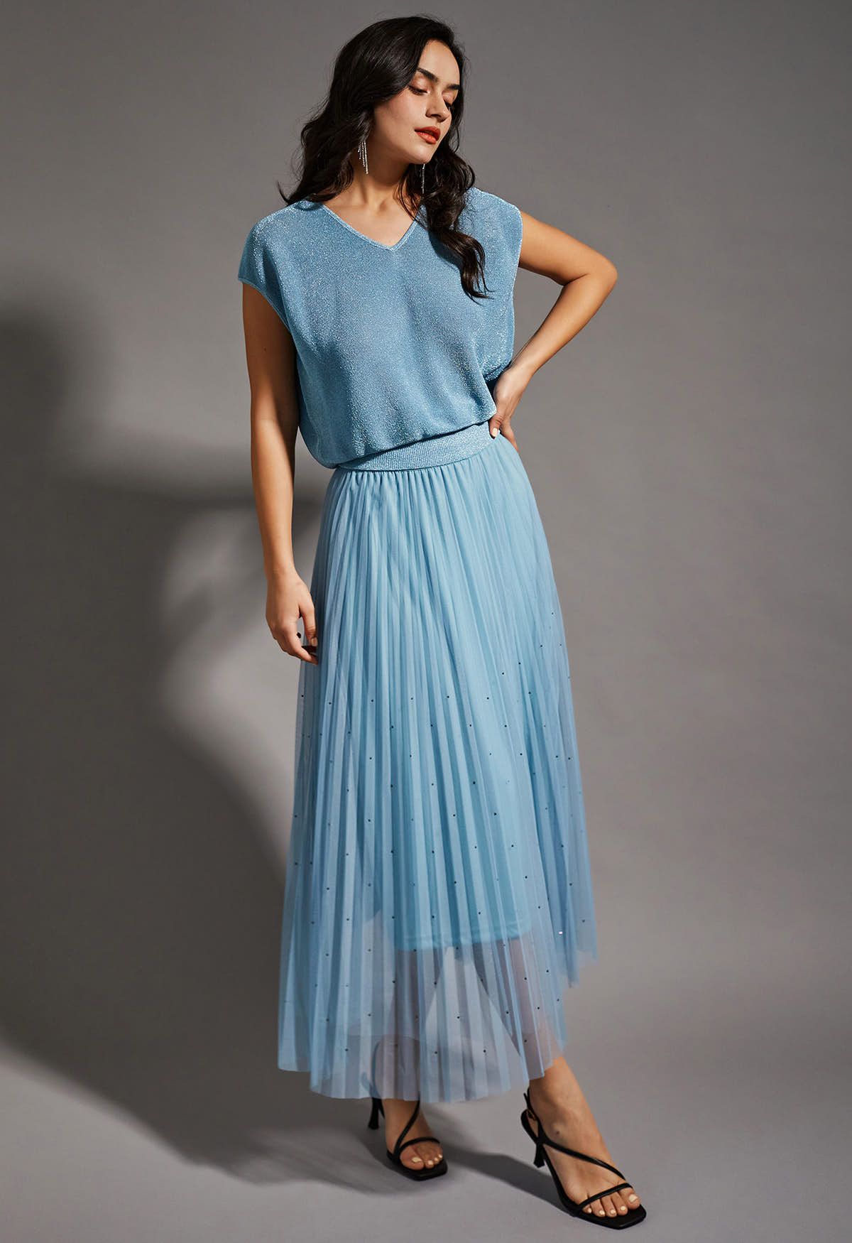 Glitter Embellished Pleated Mesh Tulle Skirt in Light Blue