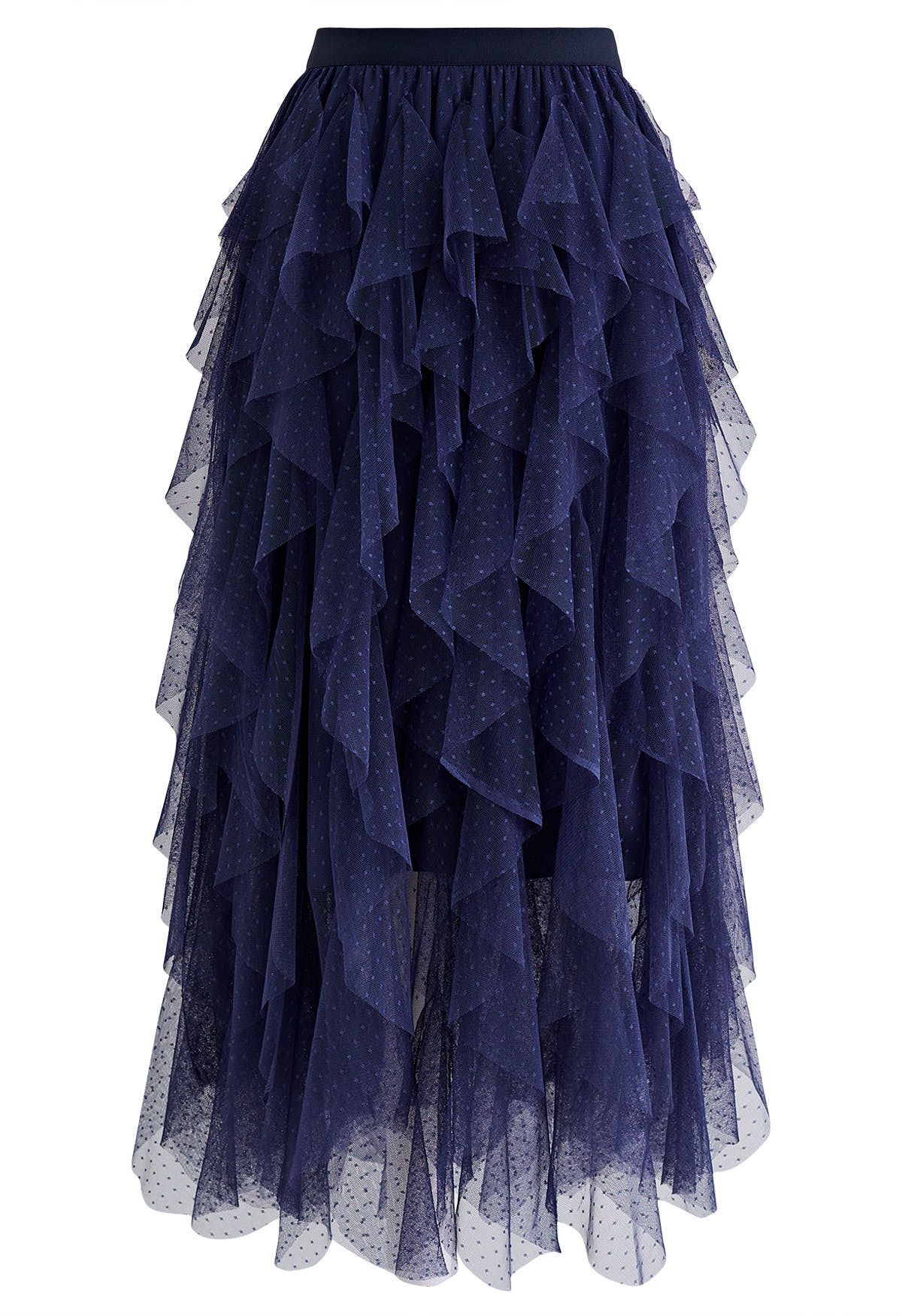 Dots Full Ruffled Tulle Skirt in Navy