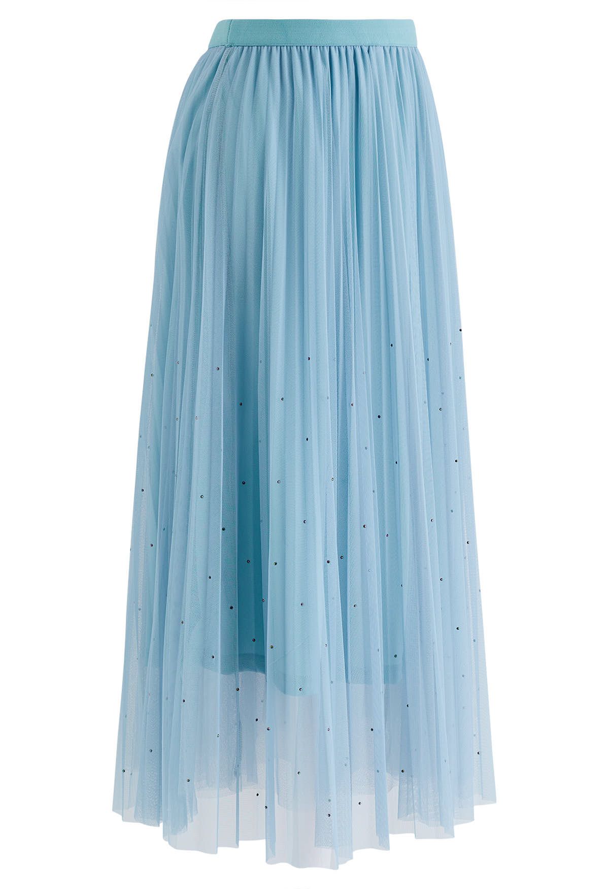 Glitter Embellished Pleated Mesh Tulle Skirt in Light Blue