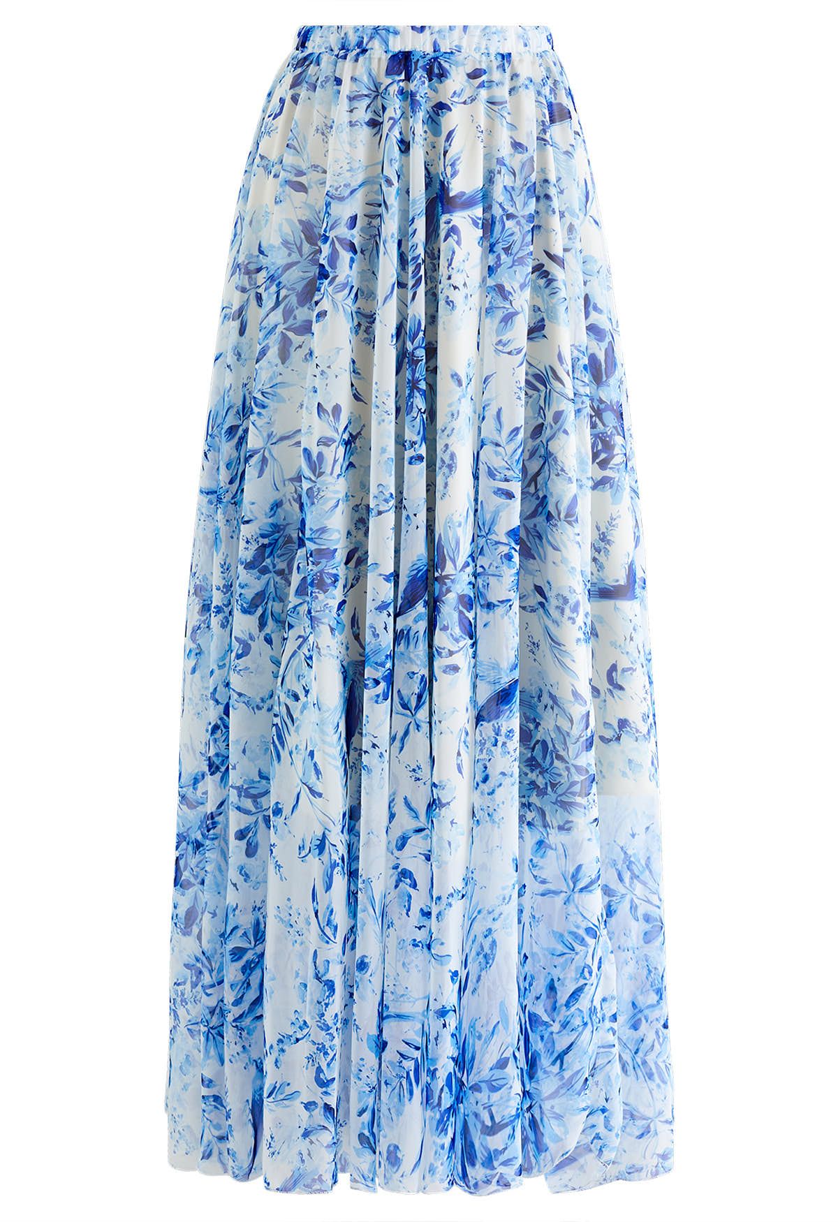 Summer Forest Printed Chiffon Maxi Skirt in Blue