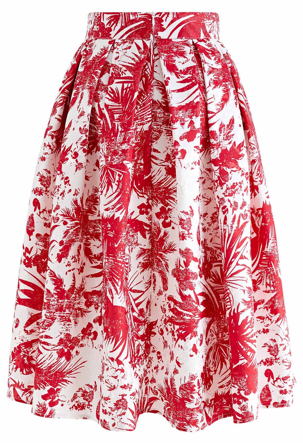 Tropical Groove Jacquard Pleated Midi Skirt in Red