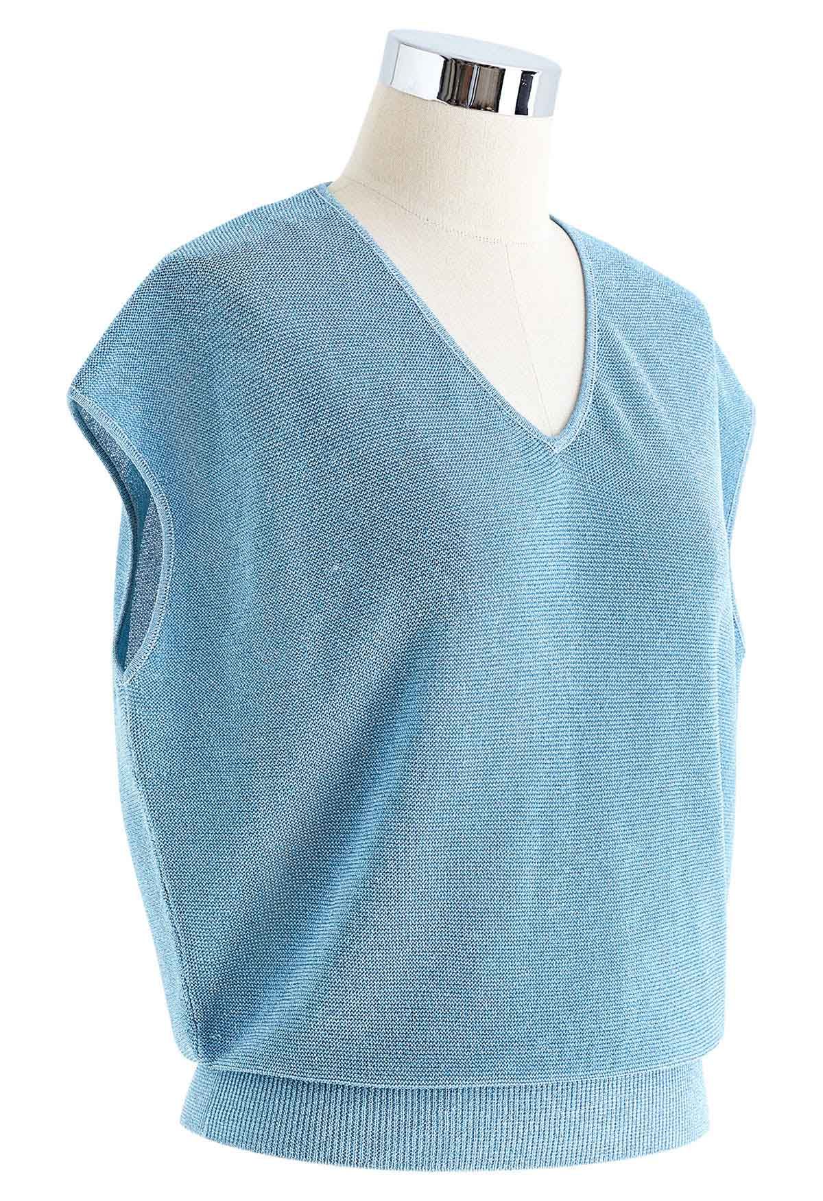 Glimmer Knit V-Neck Sleeveless Top in Blue