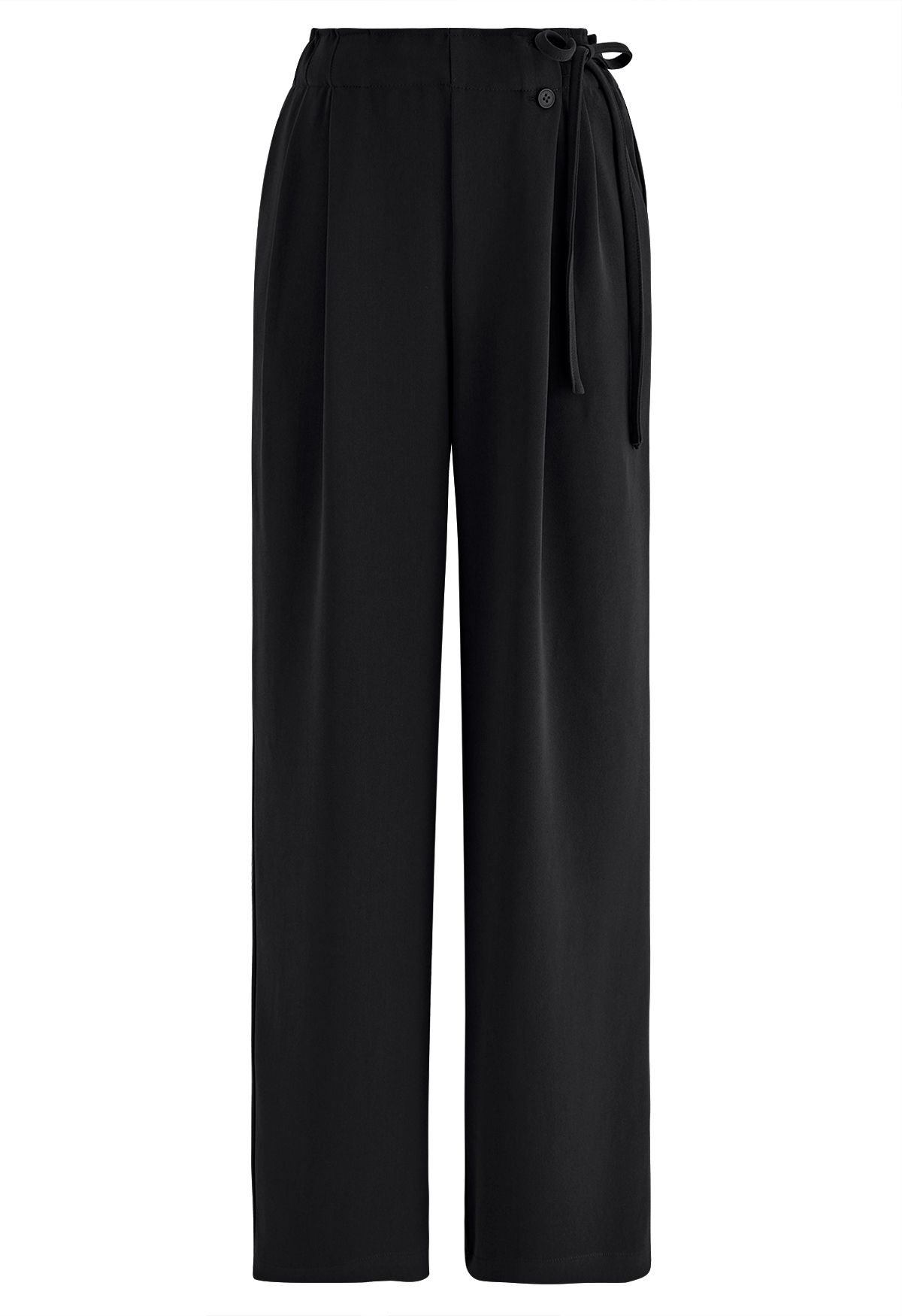 Side Drawstring Pleated Straight Leg Pants in Black