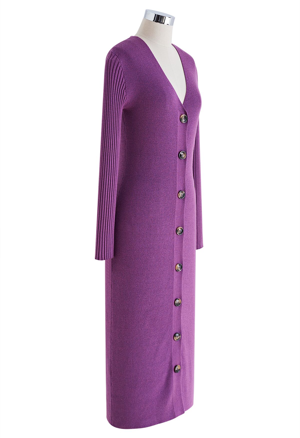 V-Neck Button Down Knit Midi Dress in Purple