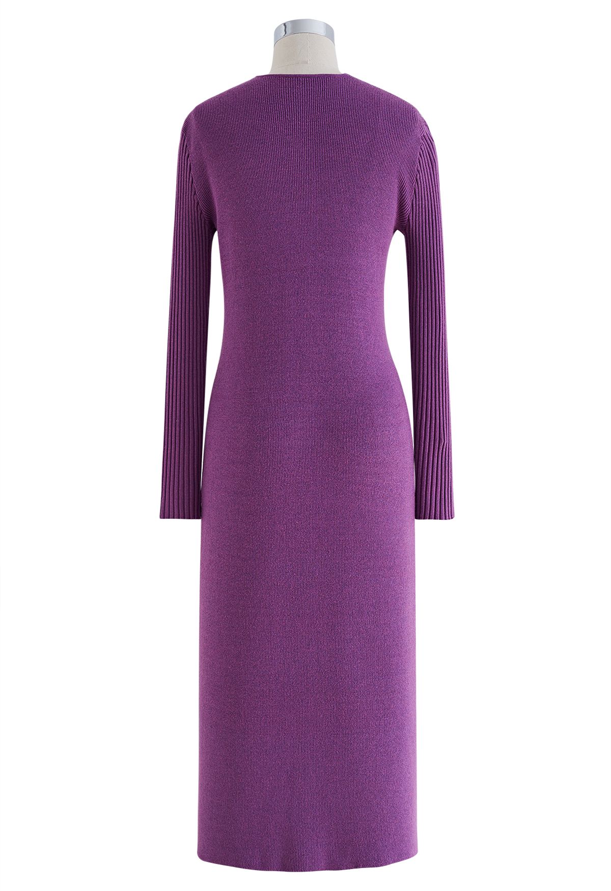 V-Neck Button Down Knit Midi Dress in Purple