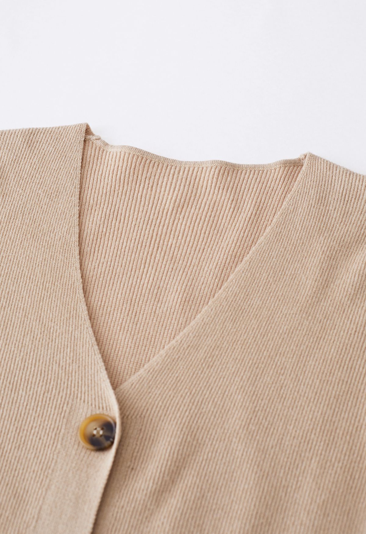 V-Neck Button Down Knit Midi Dress in Light Tan