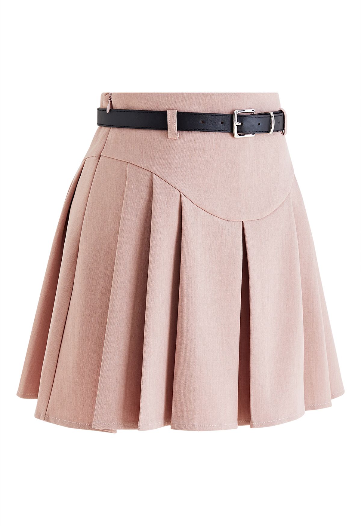 Seam Detailing Belted Pleated Mini Skirt in Pink