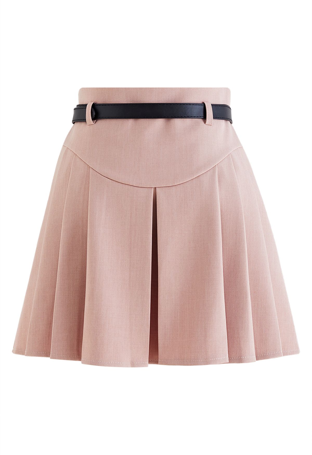 Seam Detailing Belted Pleated Mini Skirt in Pink