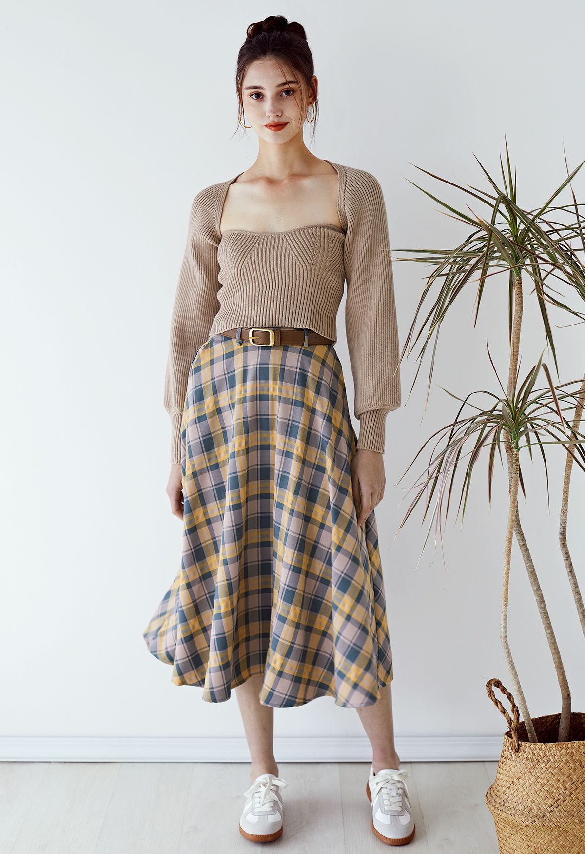 Vintage Belted Plaid Midi Skirt in Mustard