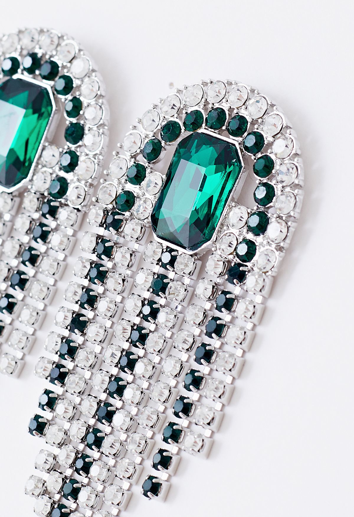 Emerald Cut Gem Diamond Tassel Earrings in Green