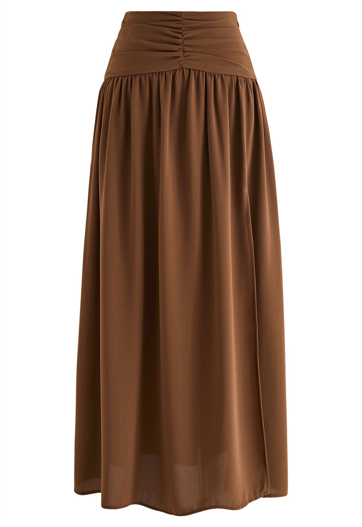 Ruched Waist Slit Maxi Skirt in Brown