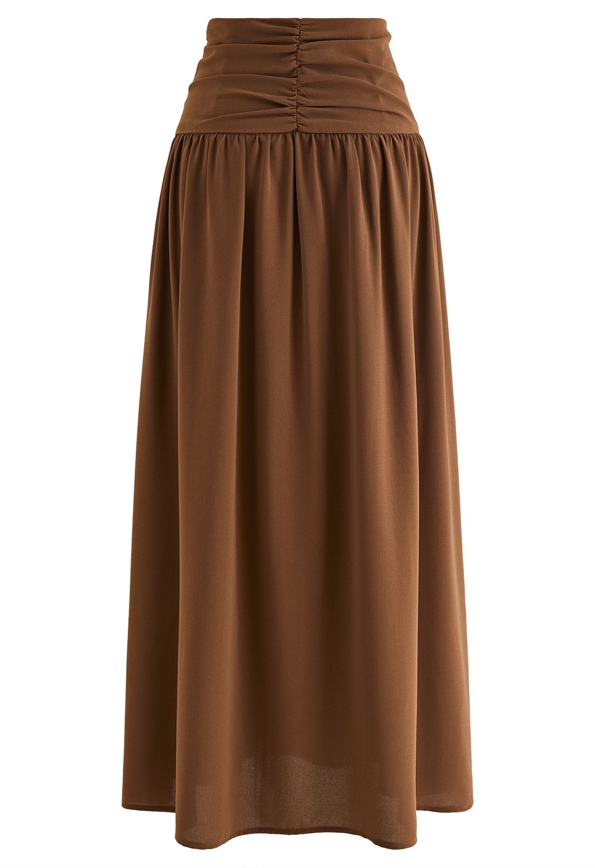 Ruched Waist Slit Maxi Skirt in Brown