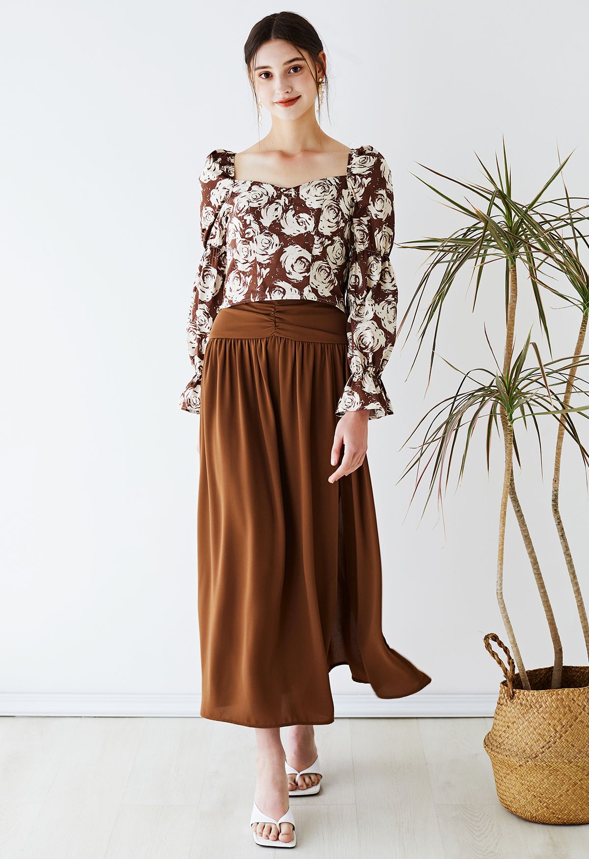 Ruched Waist Slit Maxi Skirt in Brown