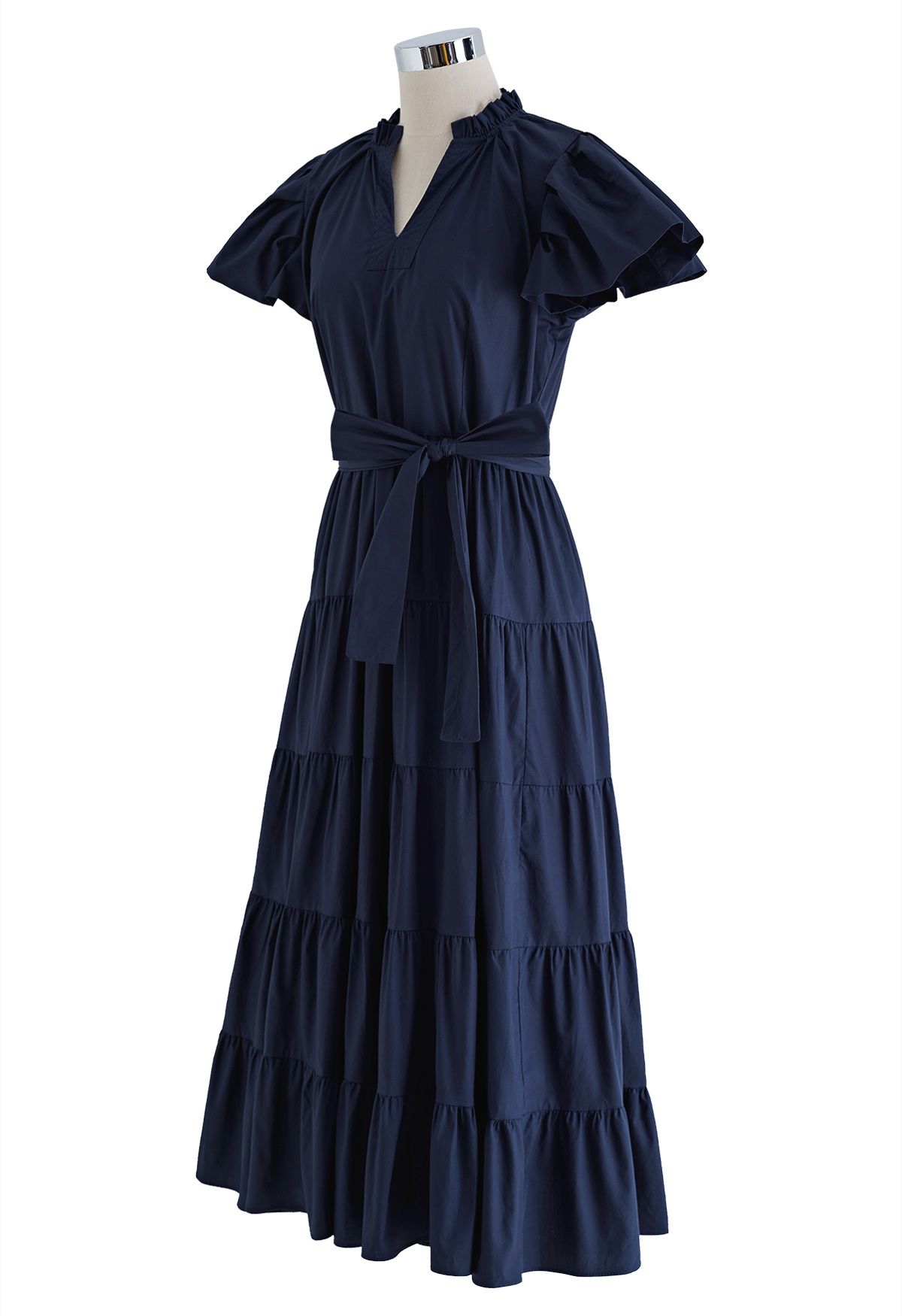 V-Neck Flutter Sleeve Ruffle Cotton Dress in Navy