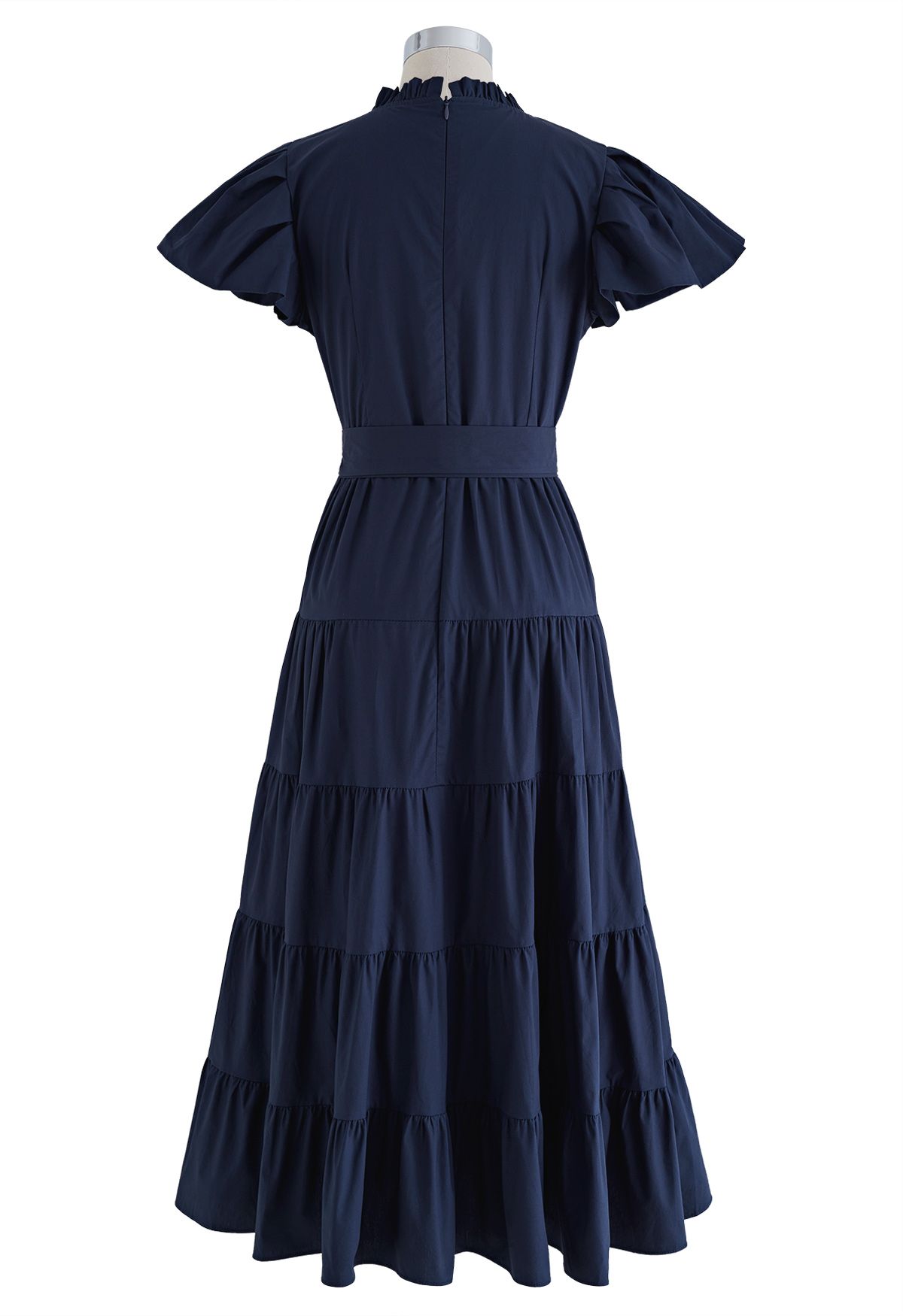 V-Neck Flutter Sleeve Ruffle Cotton Dress in Navy