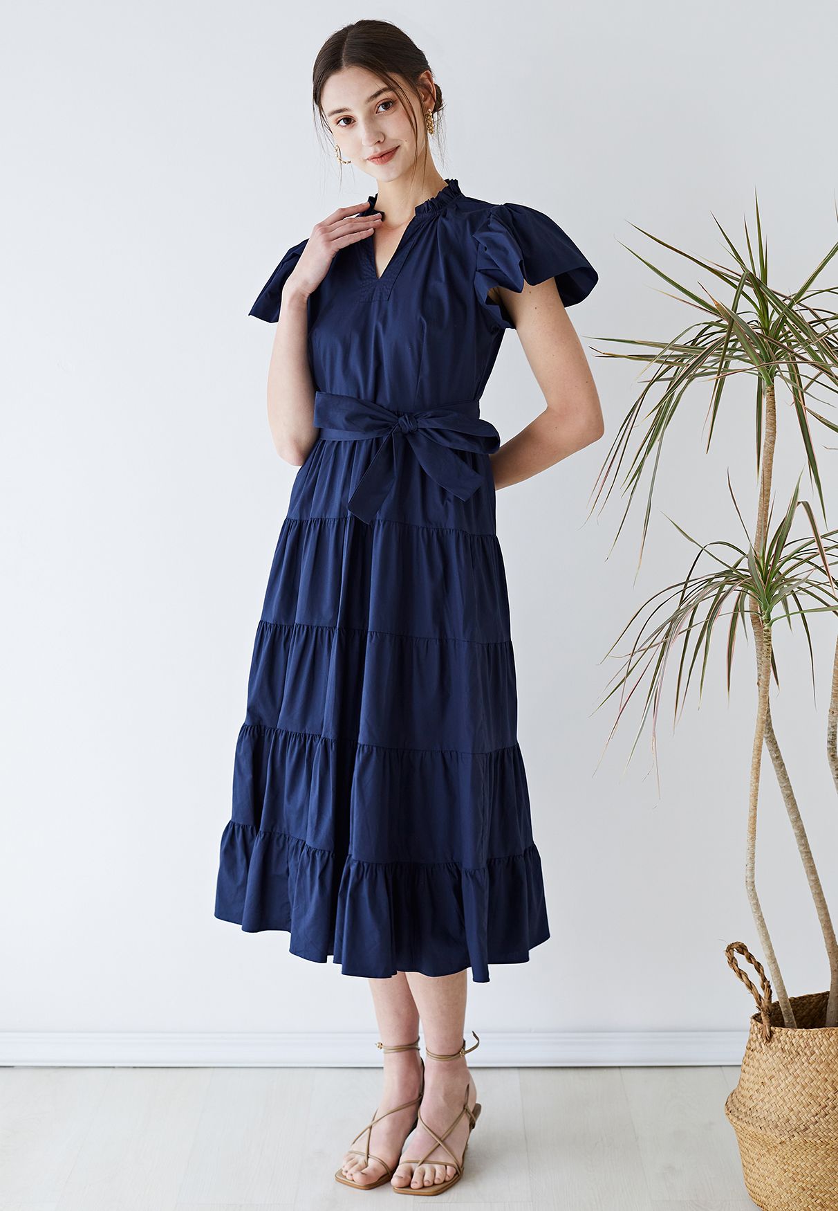 V-Neck Flutter Sleeve Ruffle Cotton Dress in Navy