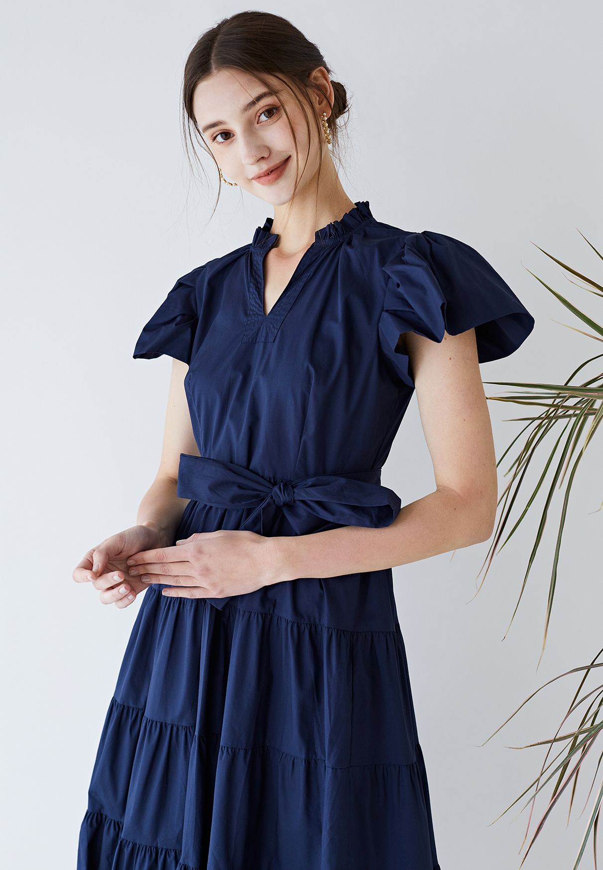 V-Neck Flutter Sleeve Ruffle Cotton Dress in Navy