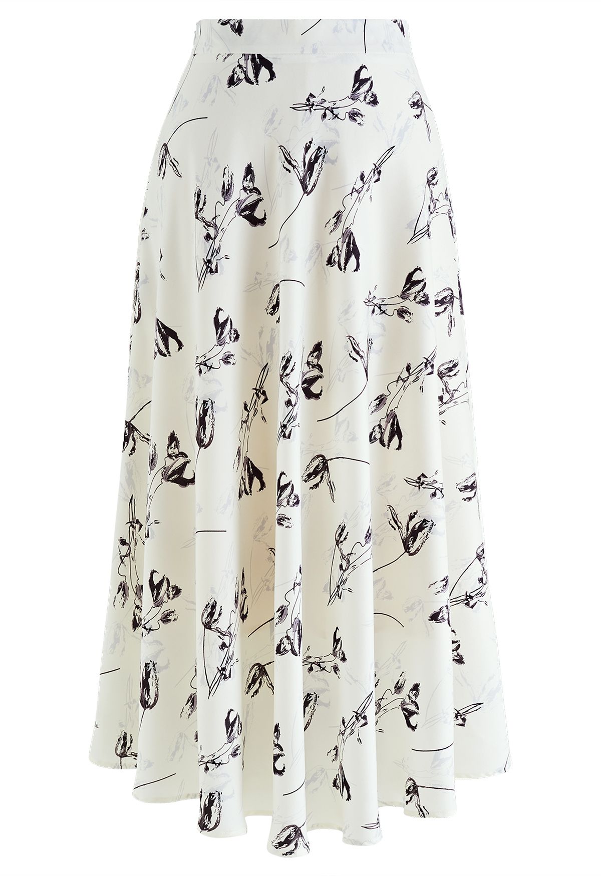 Tulip Print Satin Maxi Skirt in White