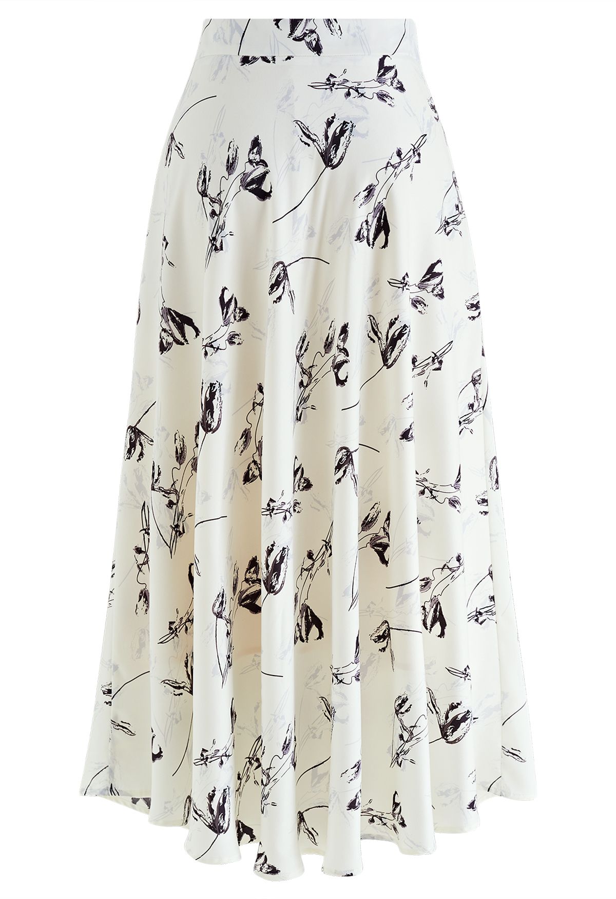 Tulip Print Satin Maxi Skirt in White