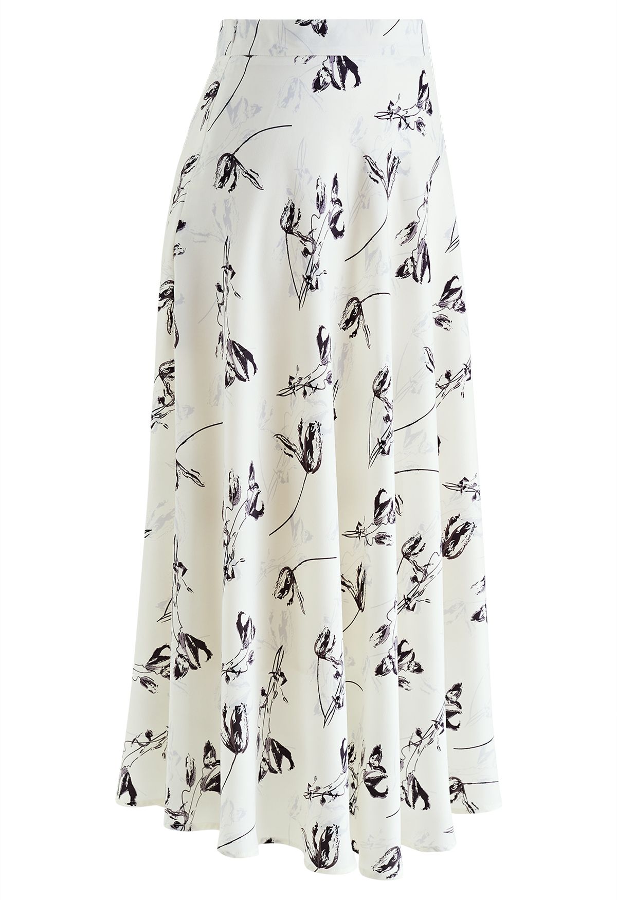 Tulip Print Satin Maxi Skirt in White