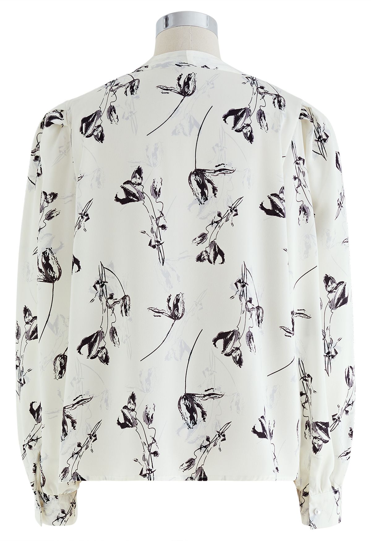 Tulip Print V-Neck Satin Shirt in White