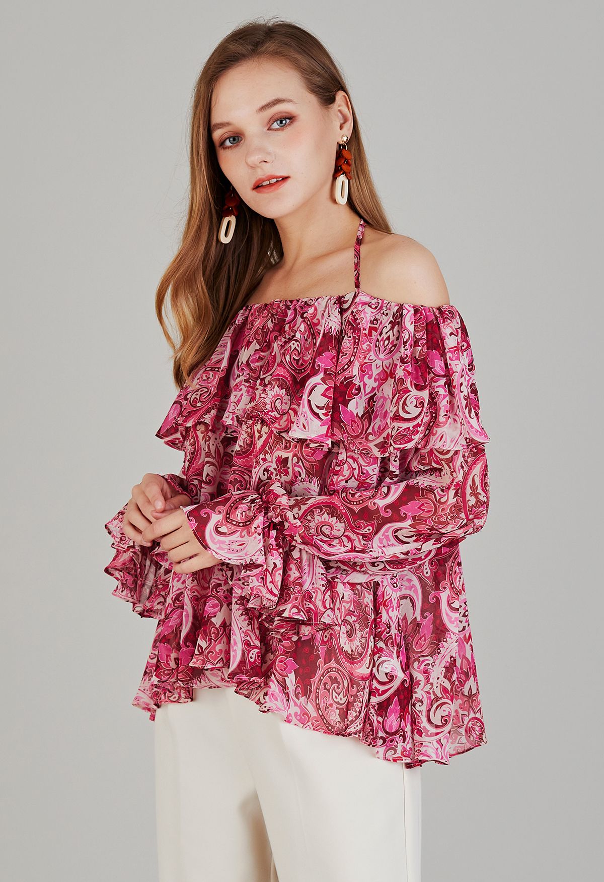 Tie Neck Ruffle Off-Shoulder Chiffon Top in Paisley Print