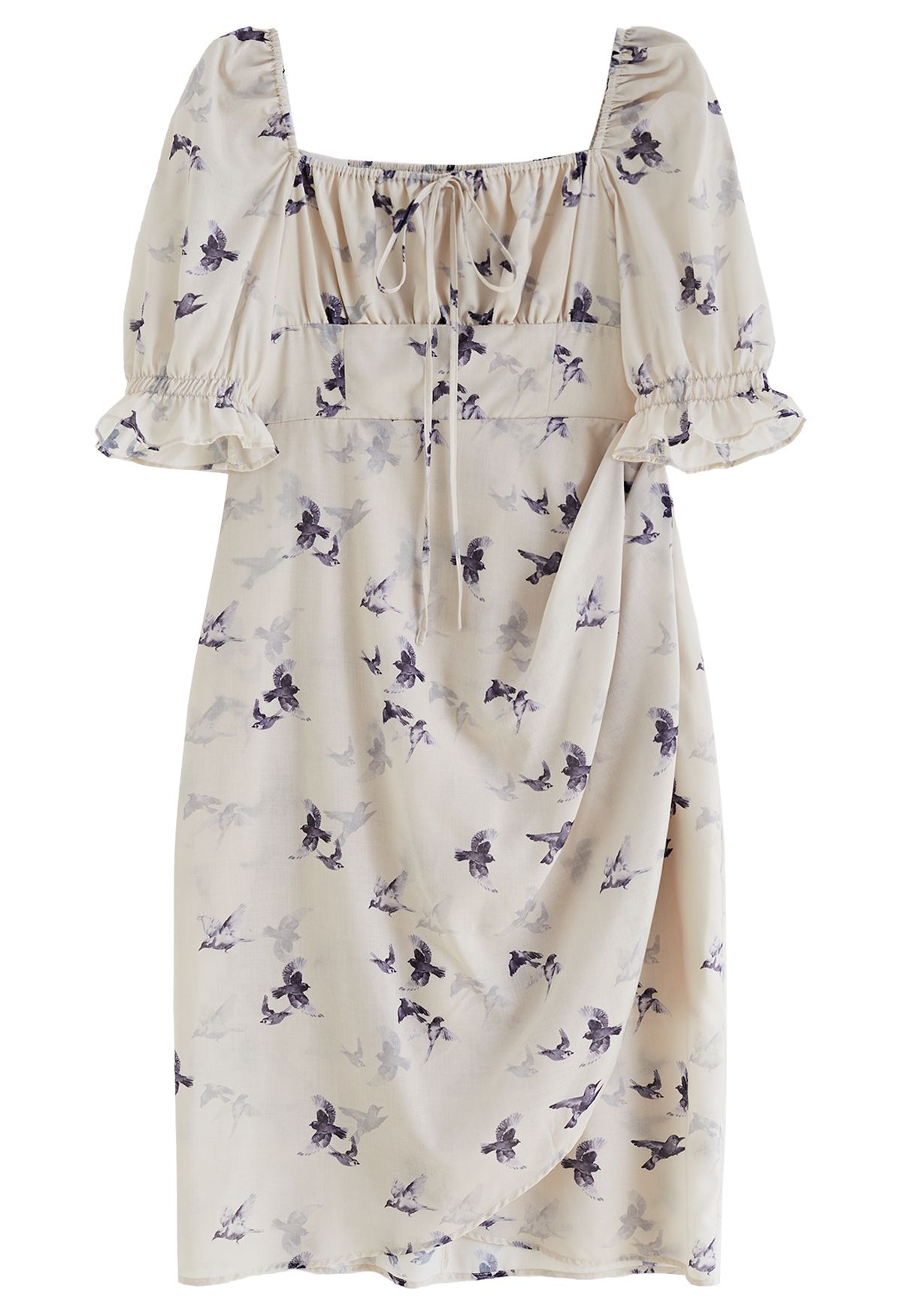 Seagull Print Square Neck Midi Dress