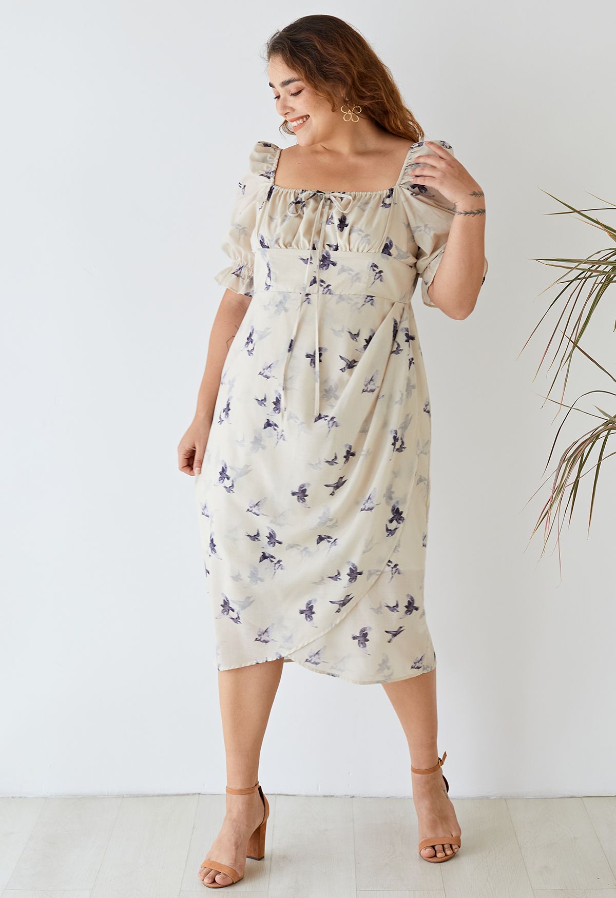 Seagull Print Square Neck Midi Dress