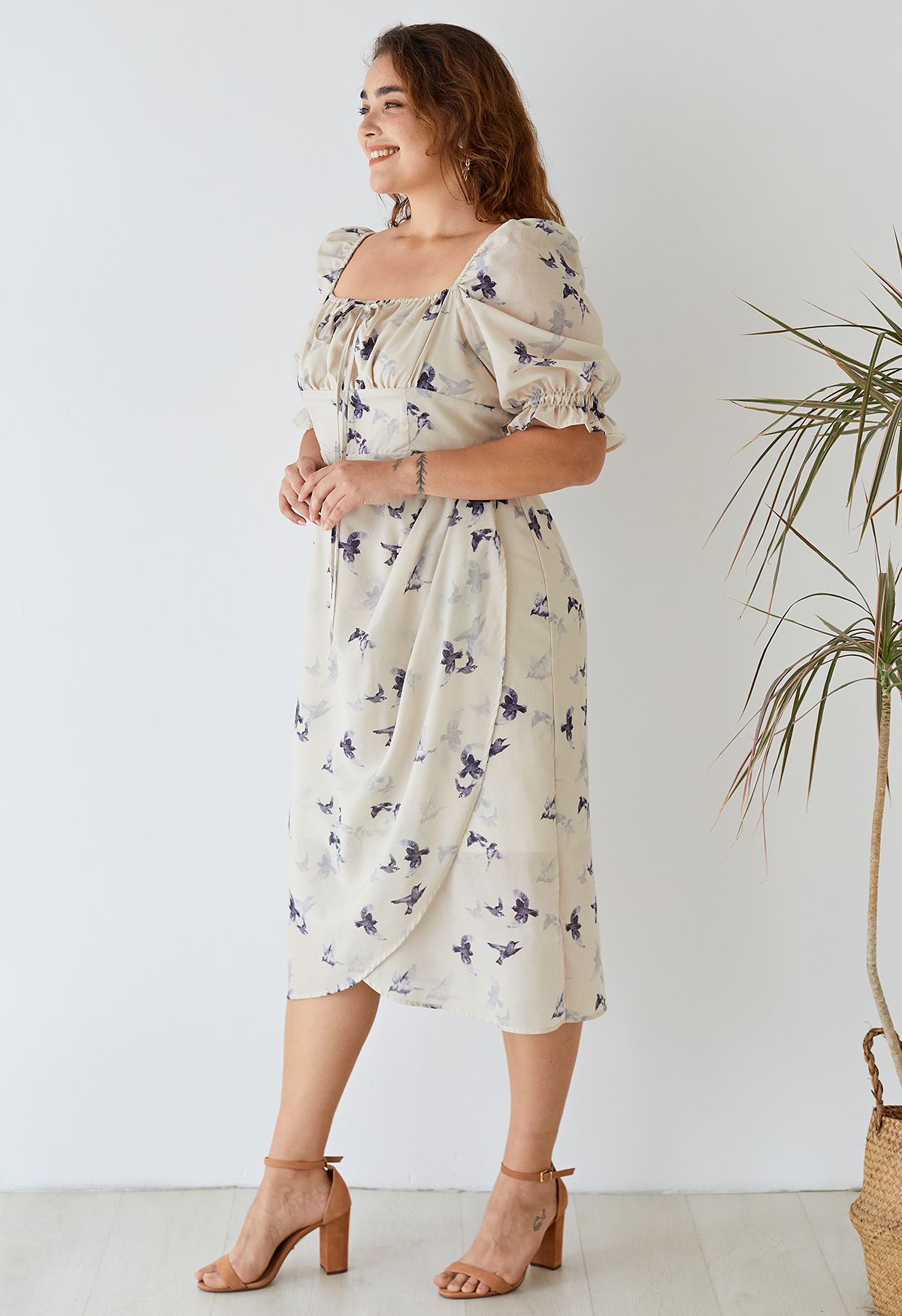 Seagull Print Square Neck Midi Dress