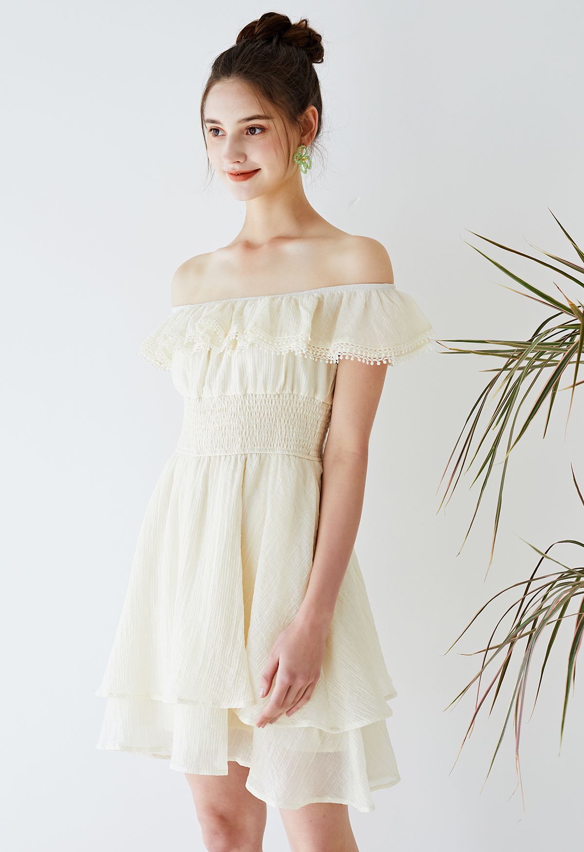 Off-Shoulder Tiered Ruffle Shirred Dress