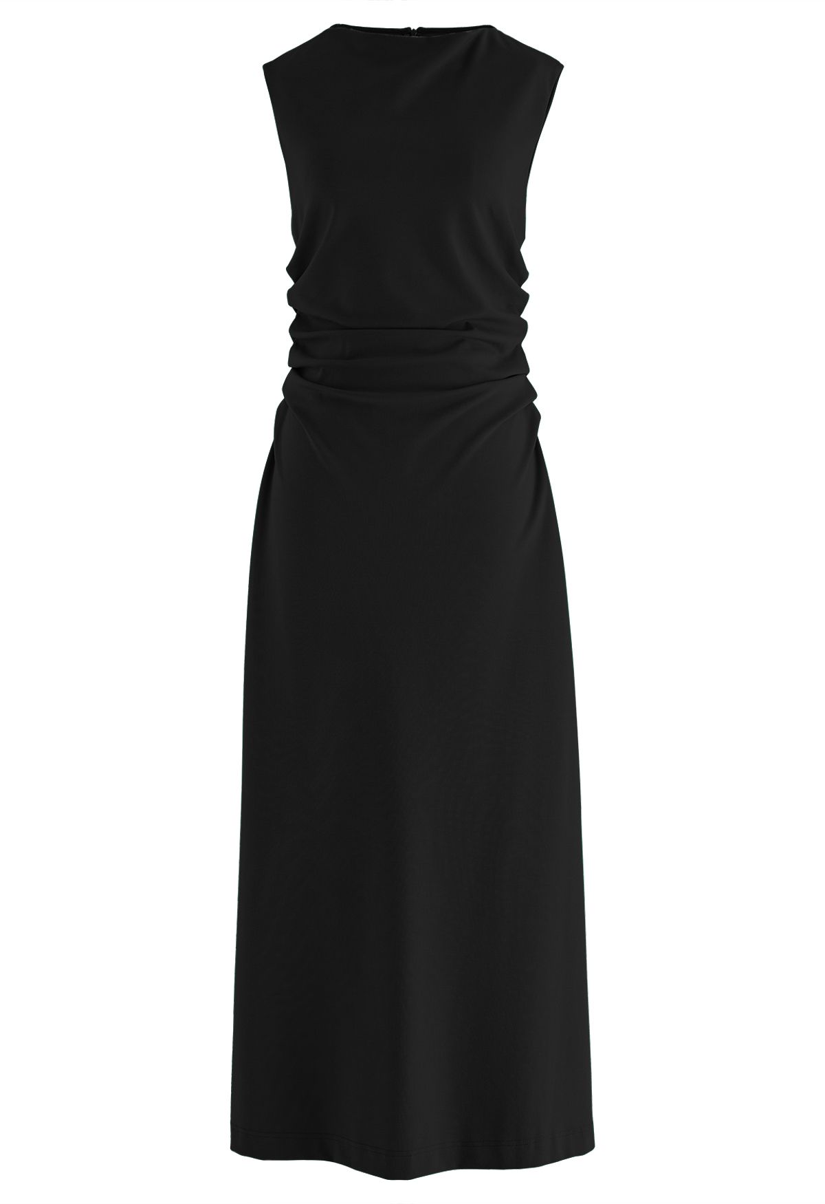 Drape Neck Ruched Waist Sleeveless Dress in Black