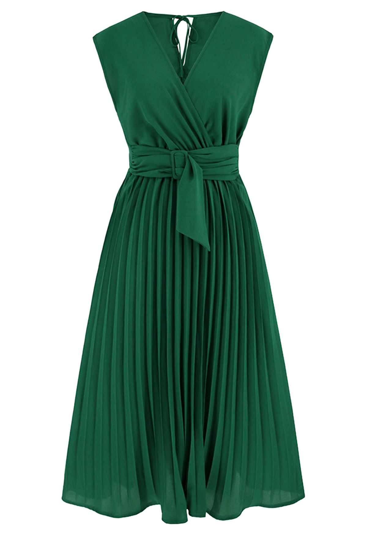 Sash Adorned Pleated Wrap Sleeveless Dress in Green