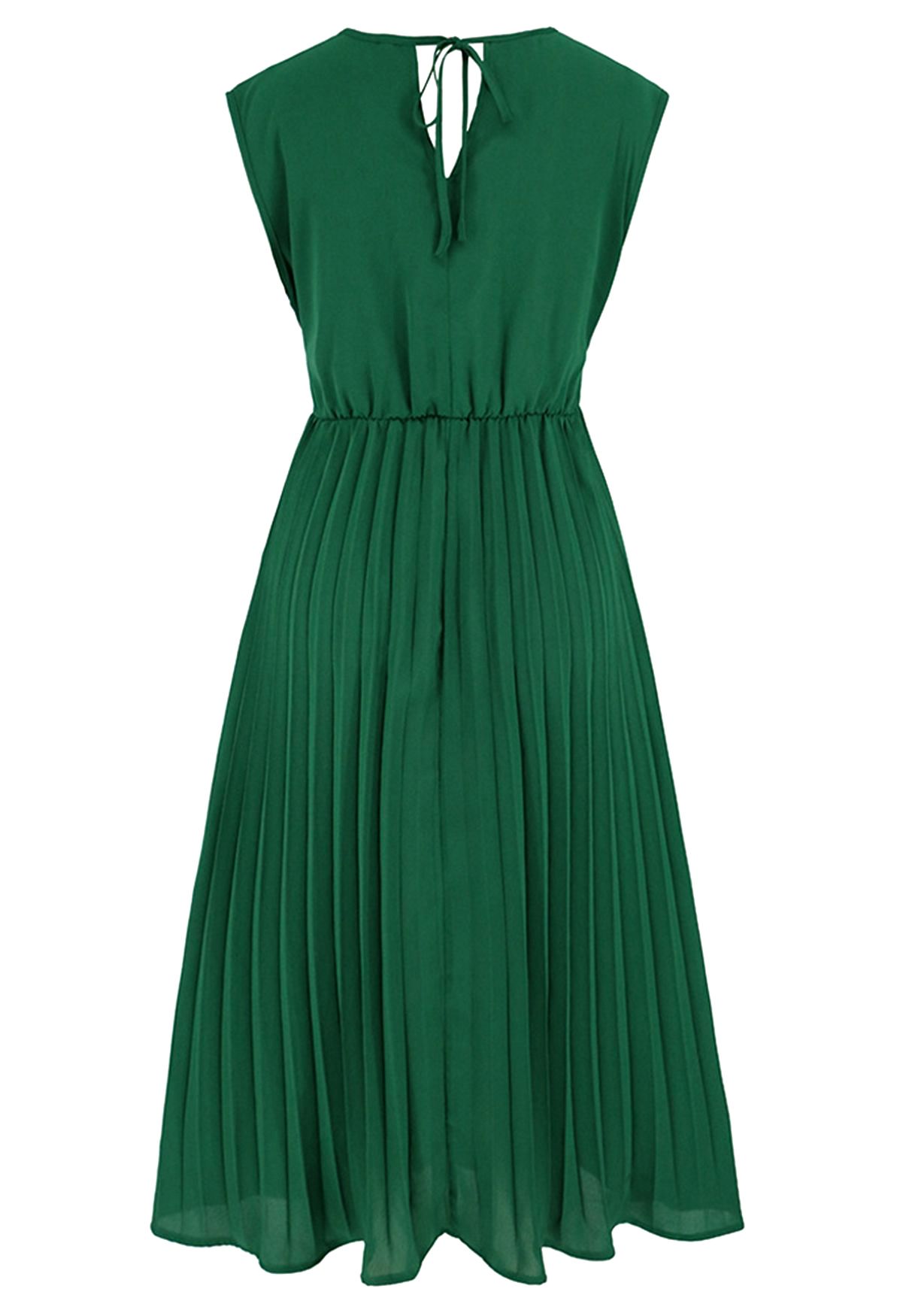 Sash Adorned Pleated Wrap Sleeveless Dress in Green