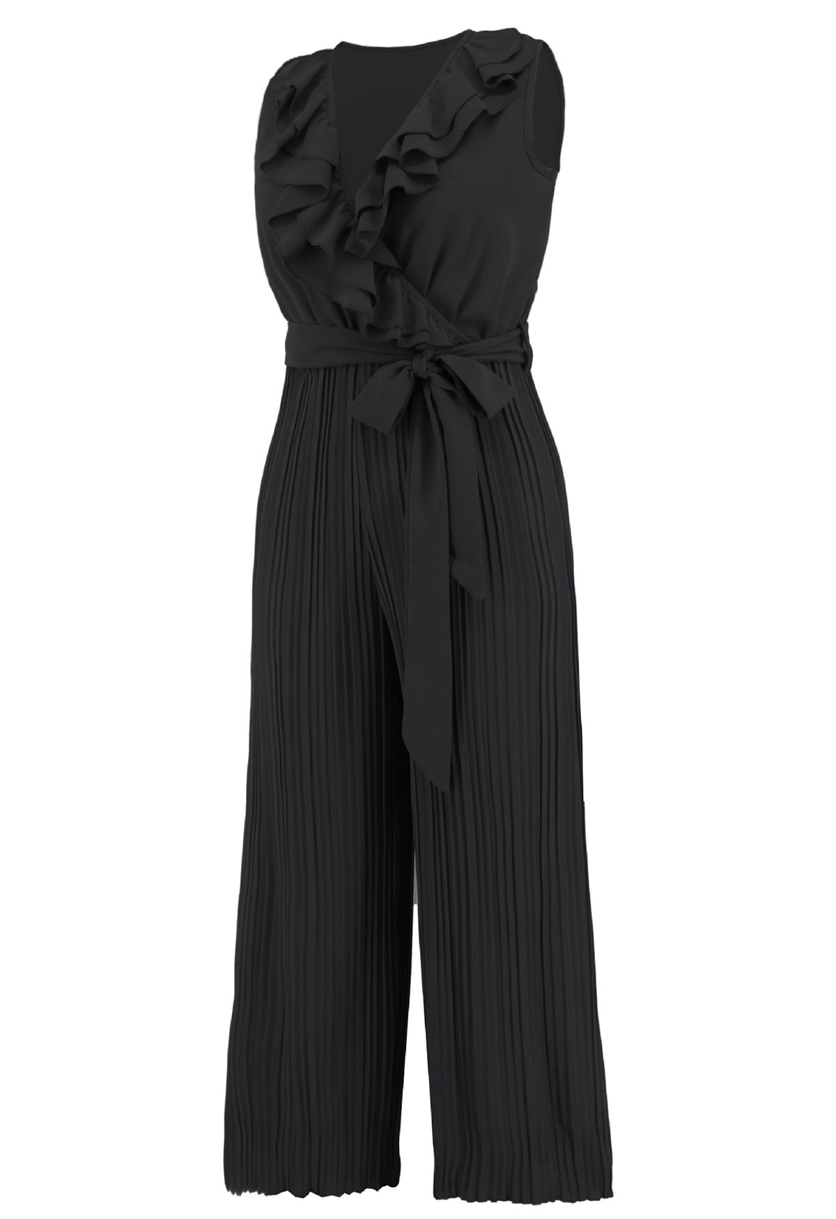 Tiered Ruffle Wrap Plisse Jumpsuit in Black