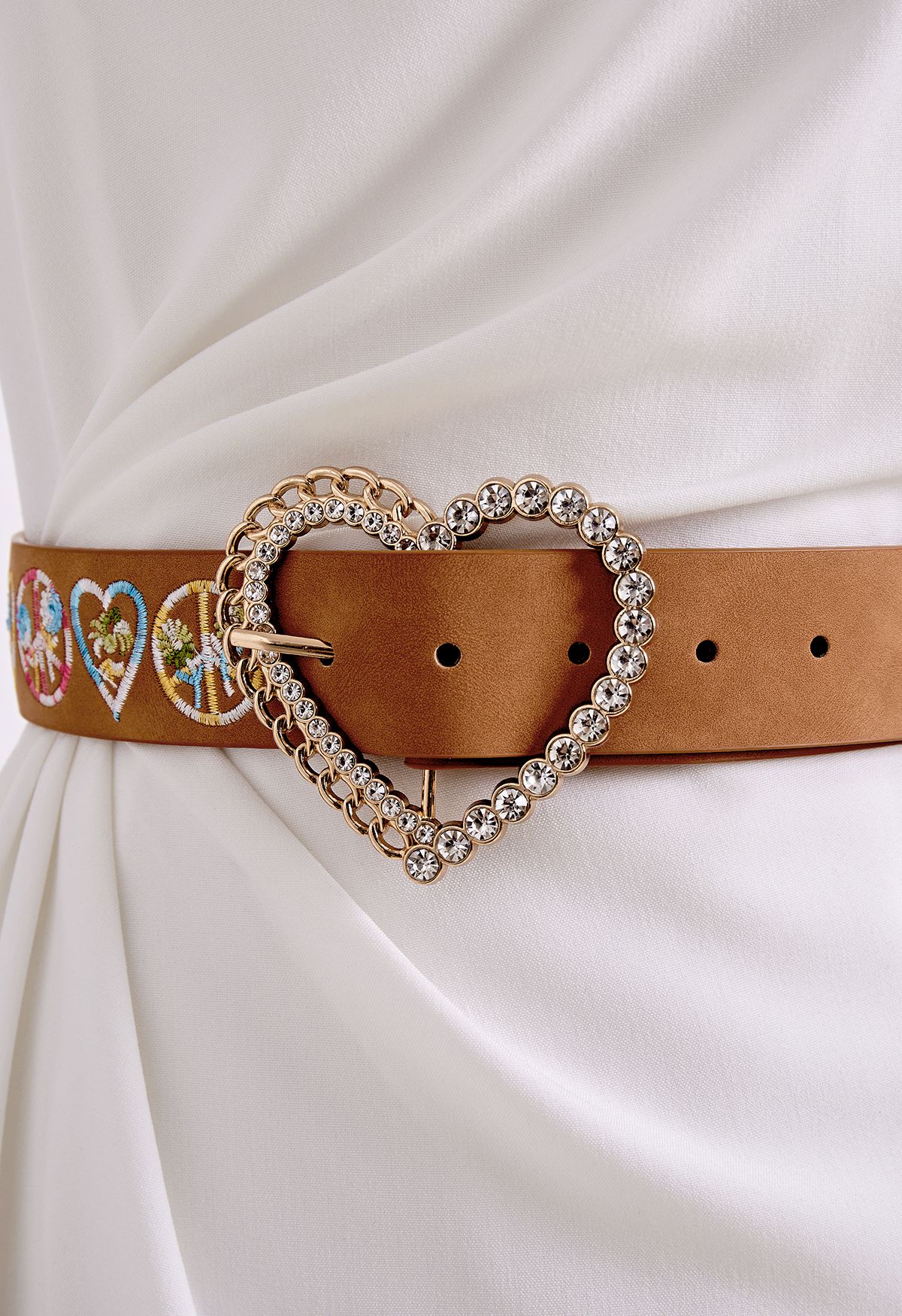 Rhinestone Heart Floral Embroidered Belt