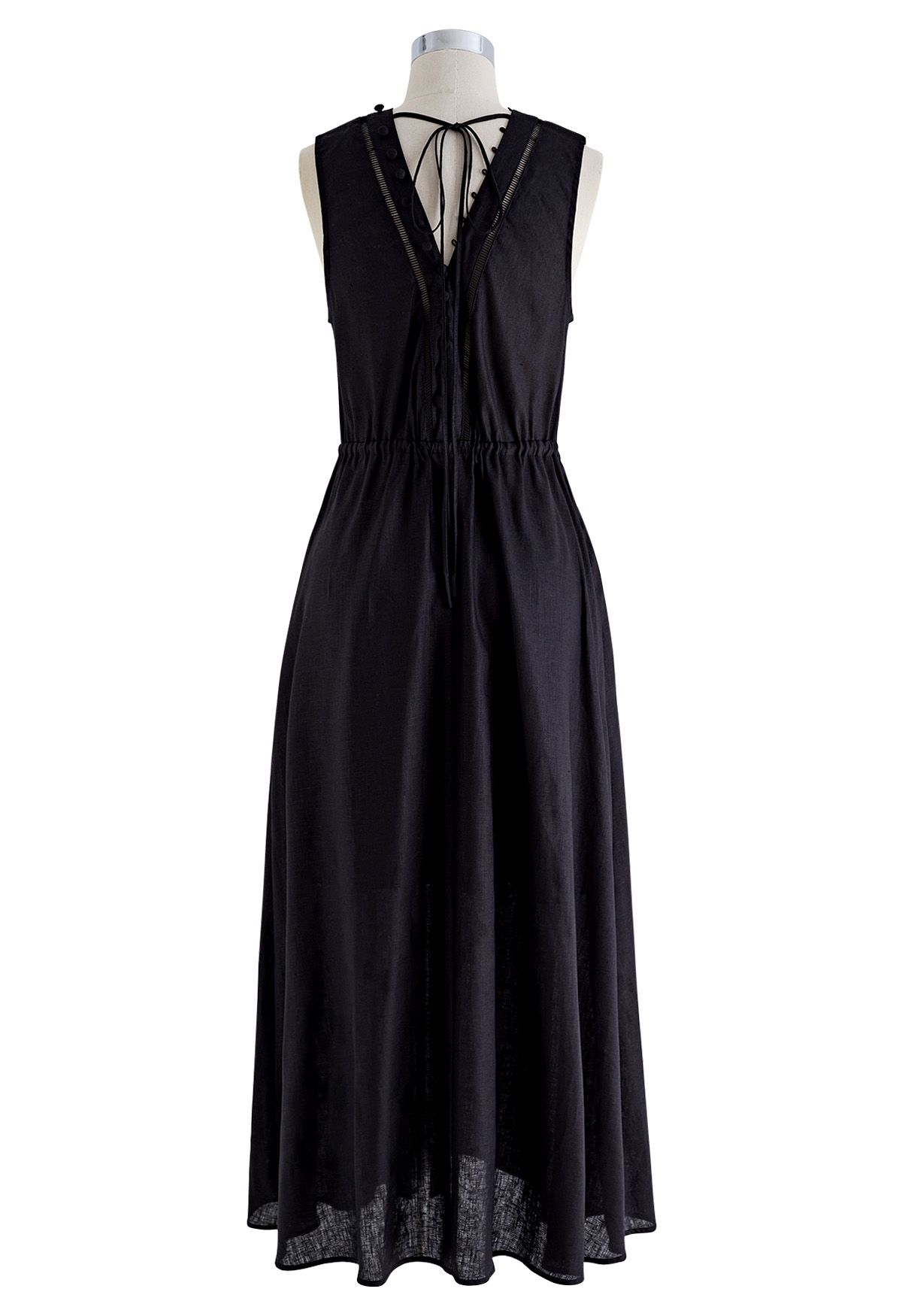 V-Neck Buttoned Sleeveless Dress in Black