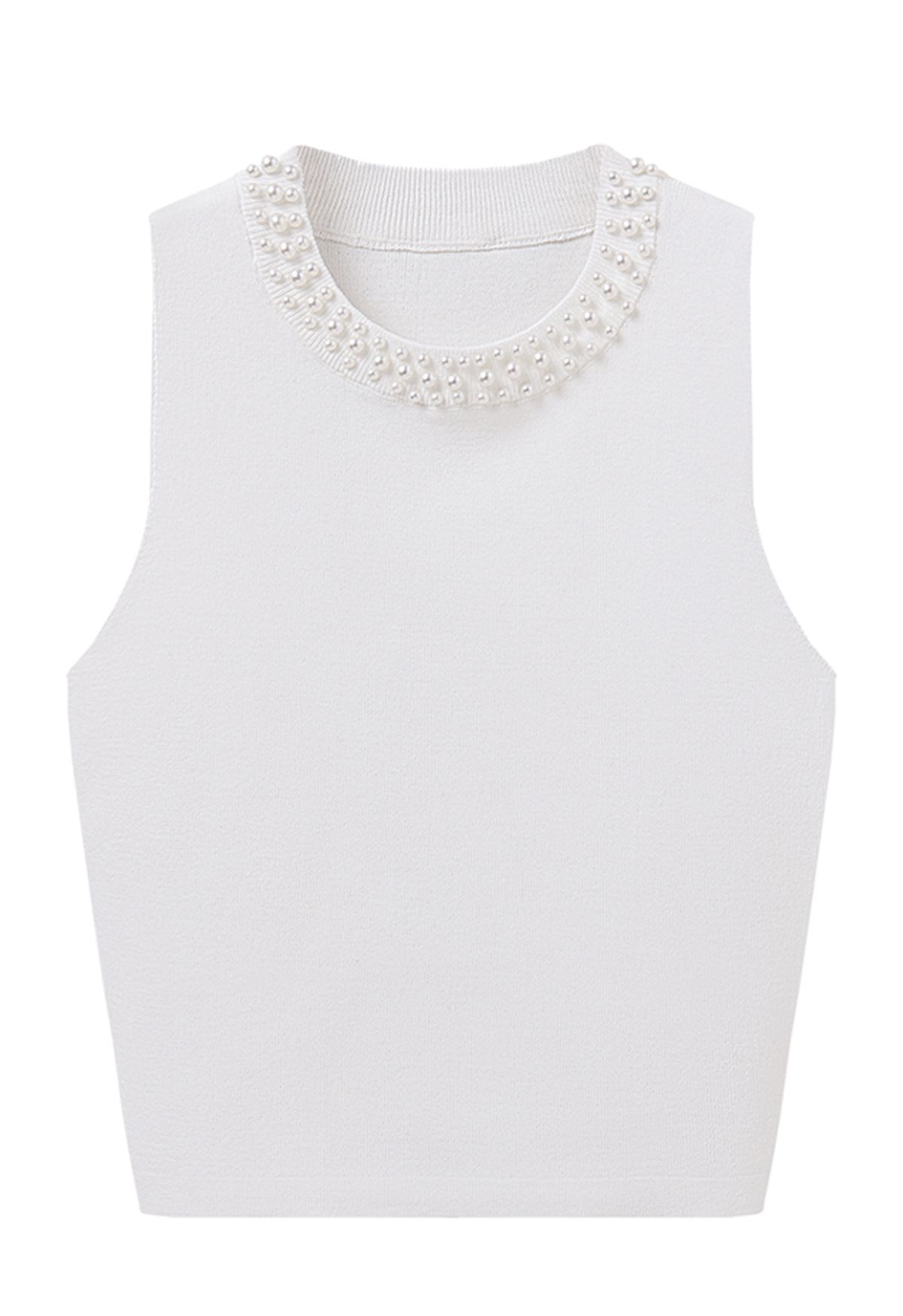 Pearly Neckline Knit Tank Top in White