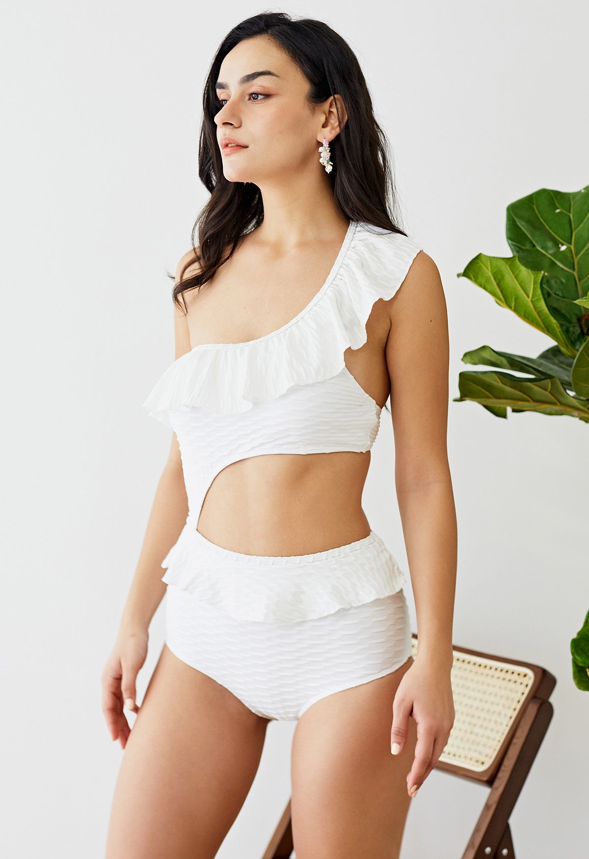 Ruffle One-Shoulder Cutout Swimsuit in White