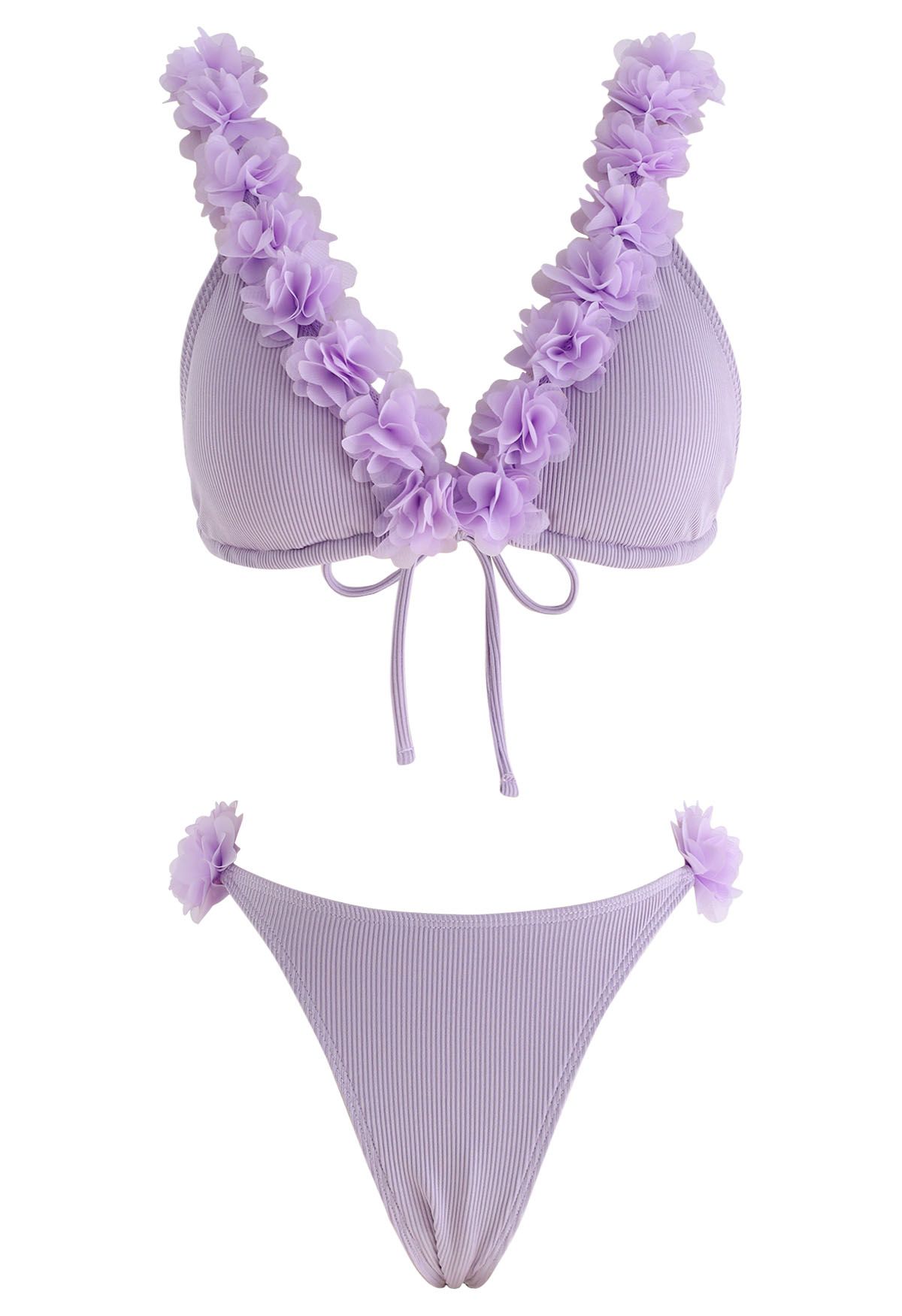 3D Mesh Floral Deep-V Bikini Set in Lilac