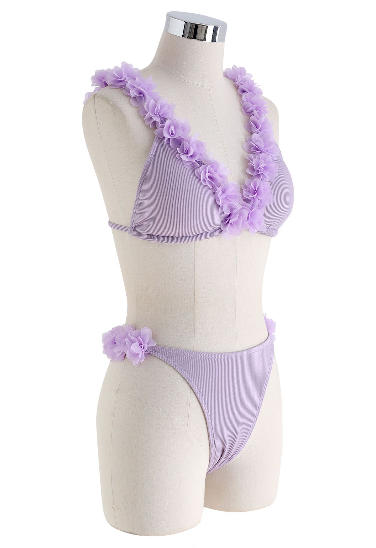 3D Mesh Floral Deep-V Bikini Set in Lilac