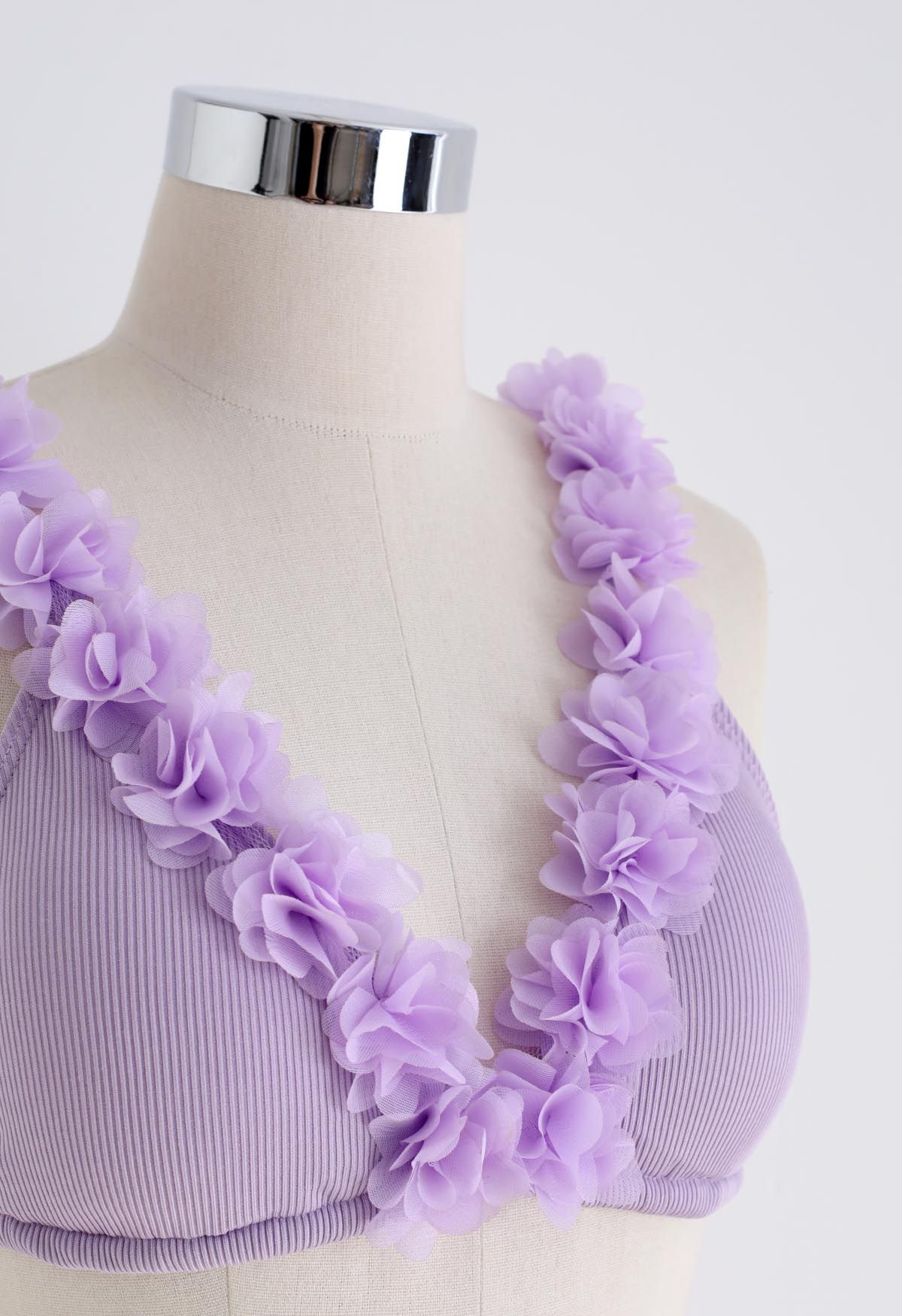 3D Mesh Floral Deep-V Bikini Set in Lilac