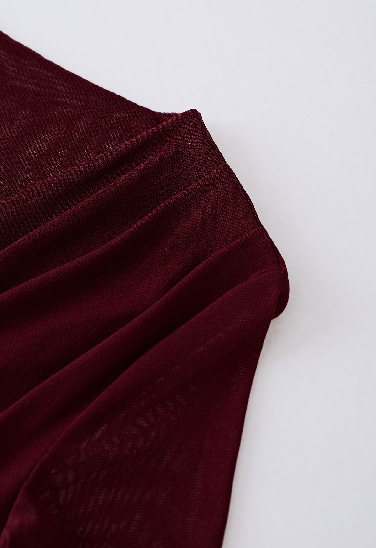 Faux Wrap Soft Mesh Elbow Sleeve Top in Burgundy