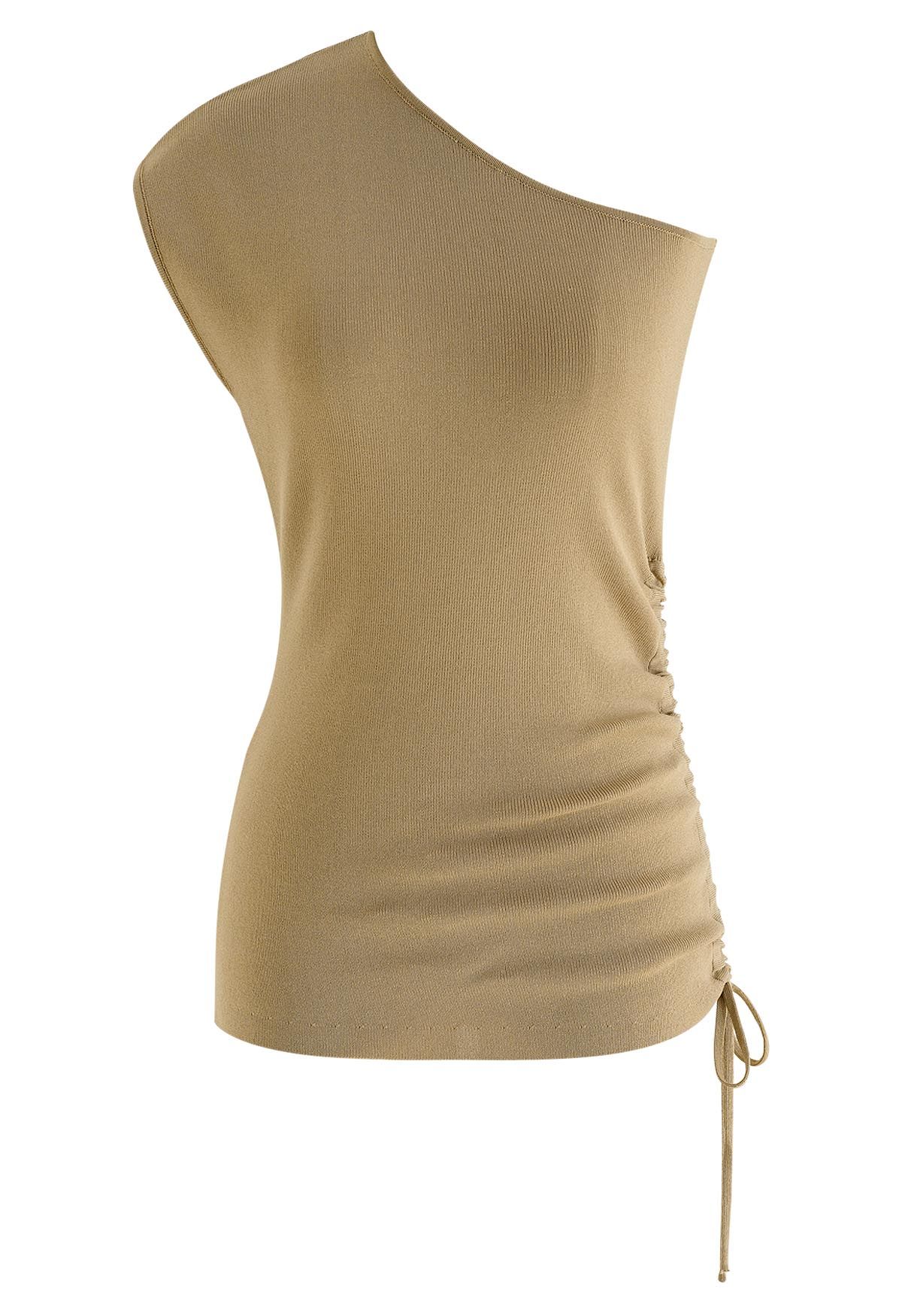 One-Shoulder Side Drawstring Knit Top in Tan