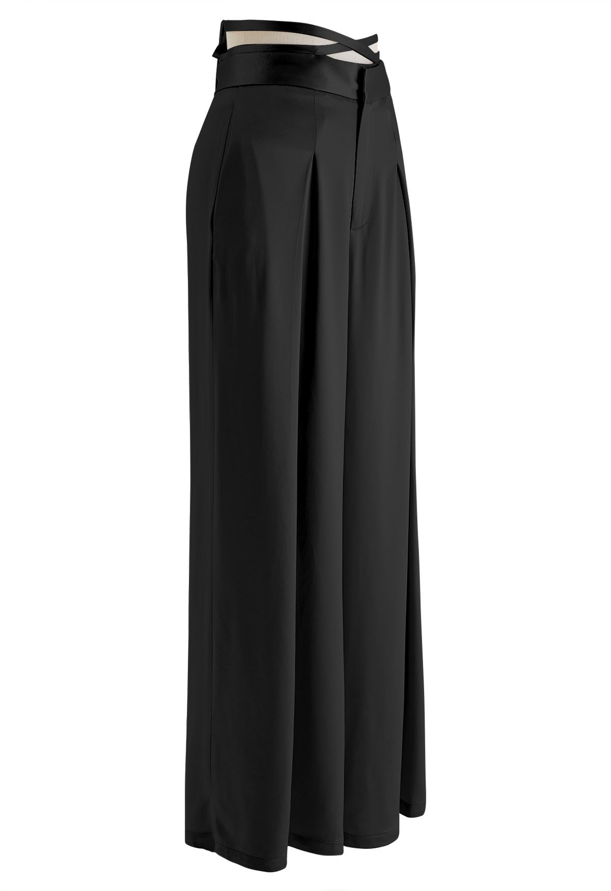 Glossy Crisscross Waist Wide Leg Pants in Black