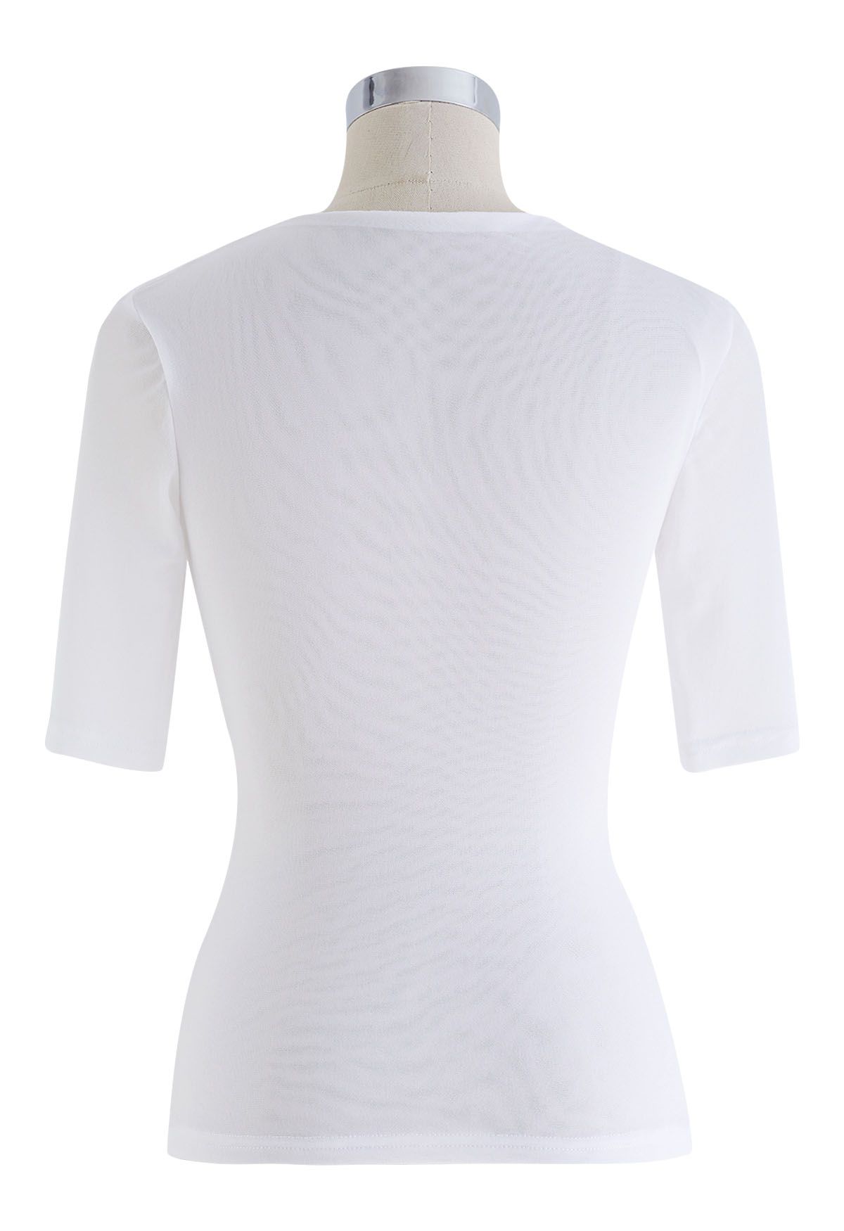 Faux Wrap Soft Mesh Elbow Sleeve Top in White