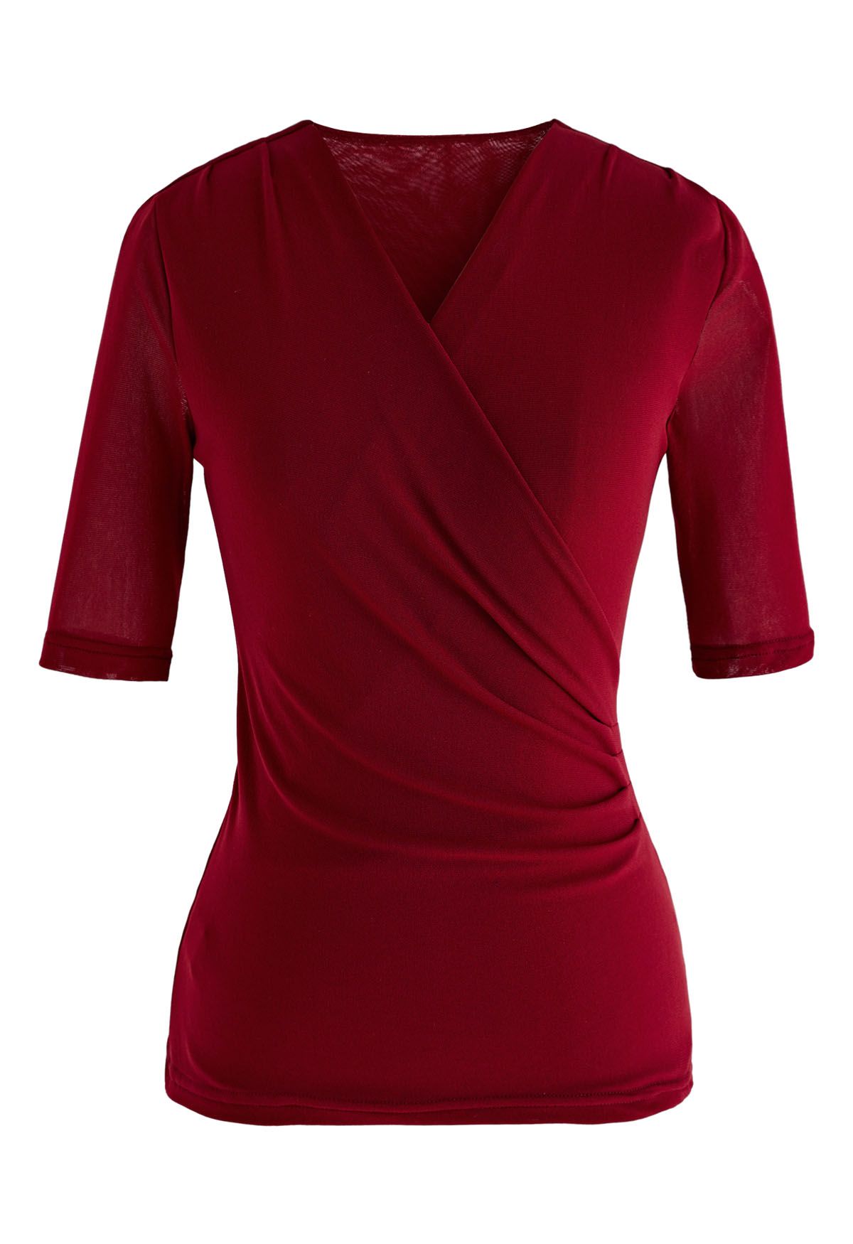 Faux Wrap Soft Mesh Elbow Sleeve Top in Red