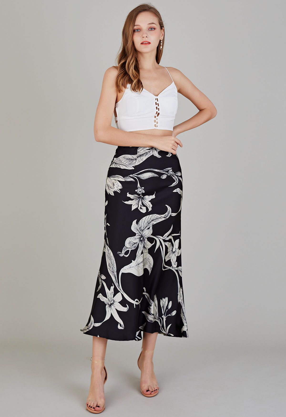 Midnight Lily Satin Pencil Maxi Skirt