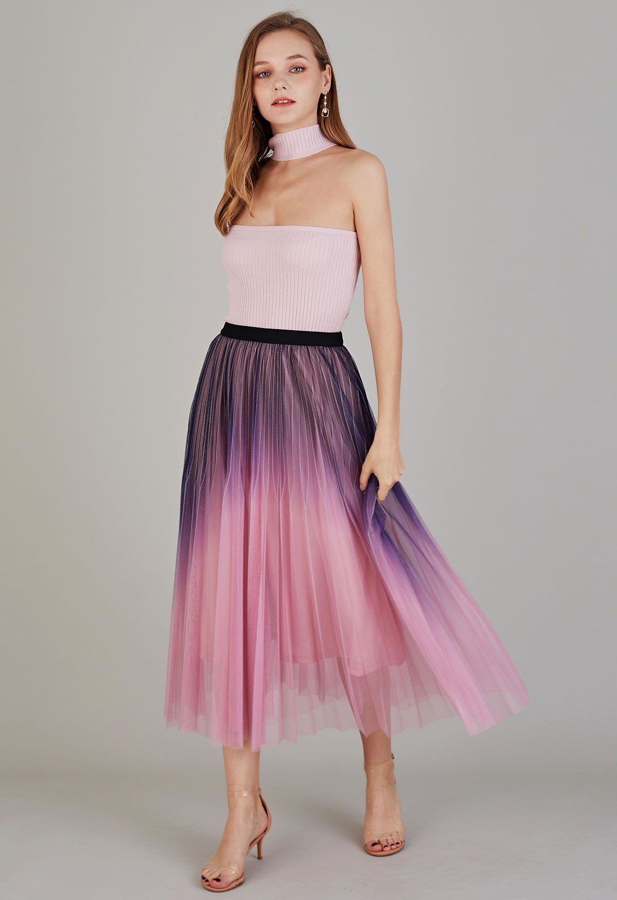 Shimmer Gradient Pleated Mesh Midi Skirt