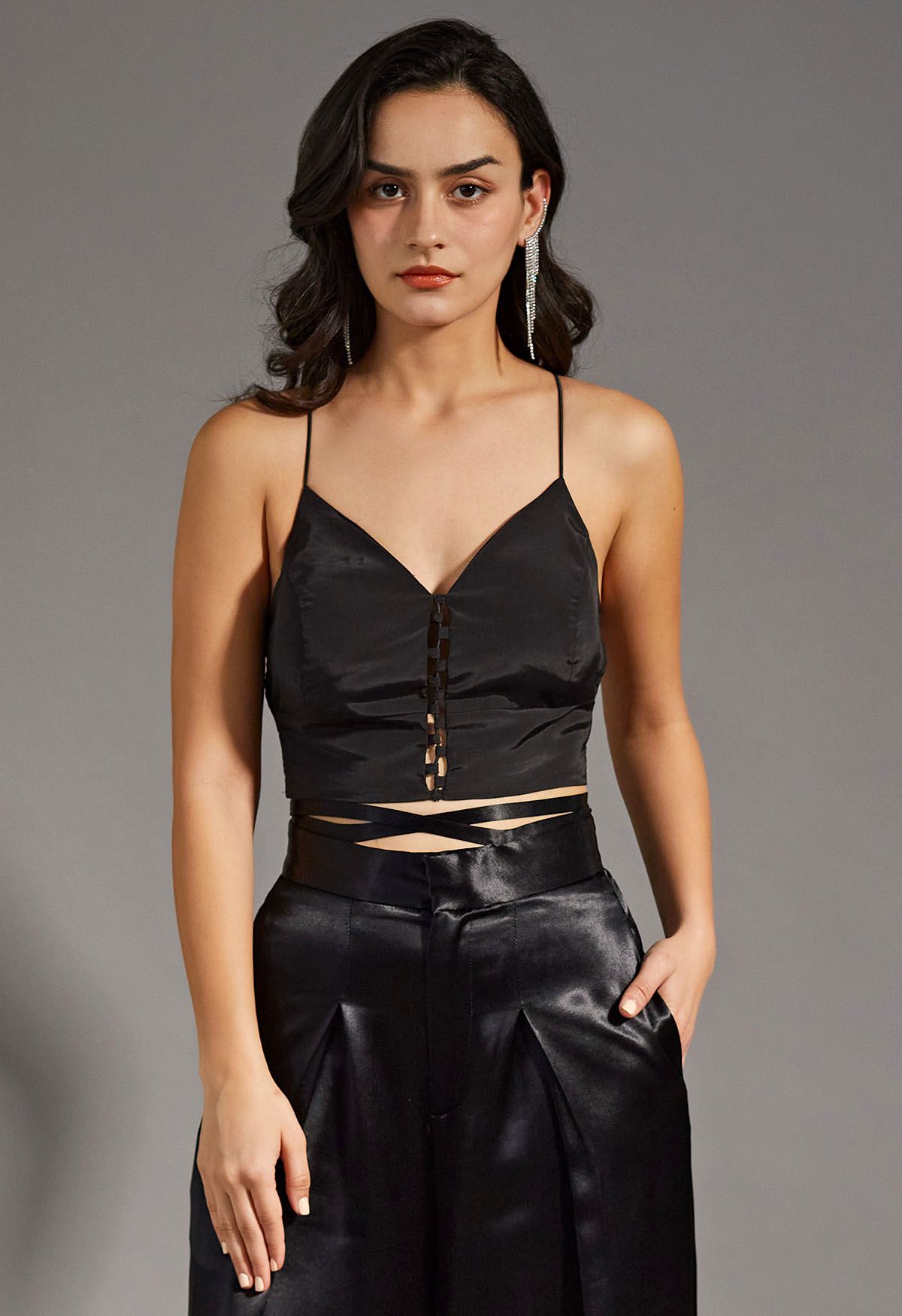 Crisscross Back Crop Cami Top in Black